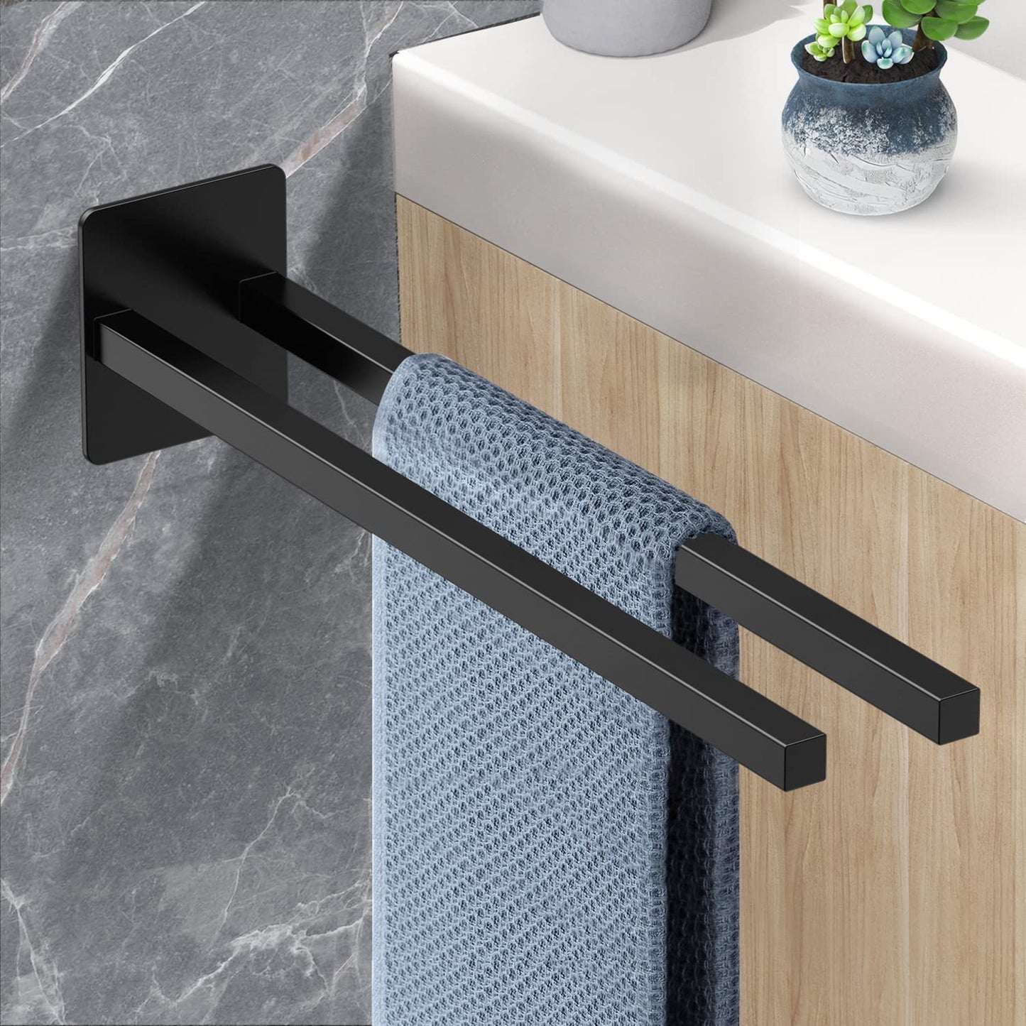 Towel Holder Without Drilling Double Armed, Stainless Steel Towel Bar Self-Adhesive, Double Towel Rack 39cm for Bathroom, Black