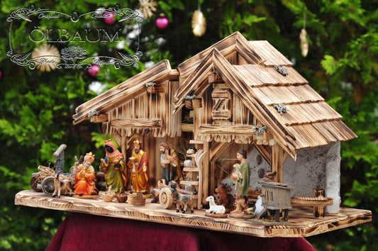 PREMIUM Christmas nativity scene, olive tree, FLAMED with GRANITE FOUNTAIN "Water Grand" + PREMIUM DECORATION SET "Nativity Stable", solid wood elegantly FLAMED - with 12 x PREMIUM Nativity figures + Angel with golden wings.
