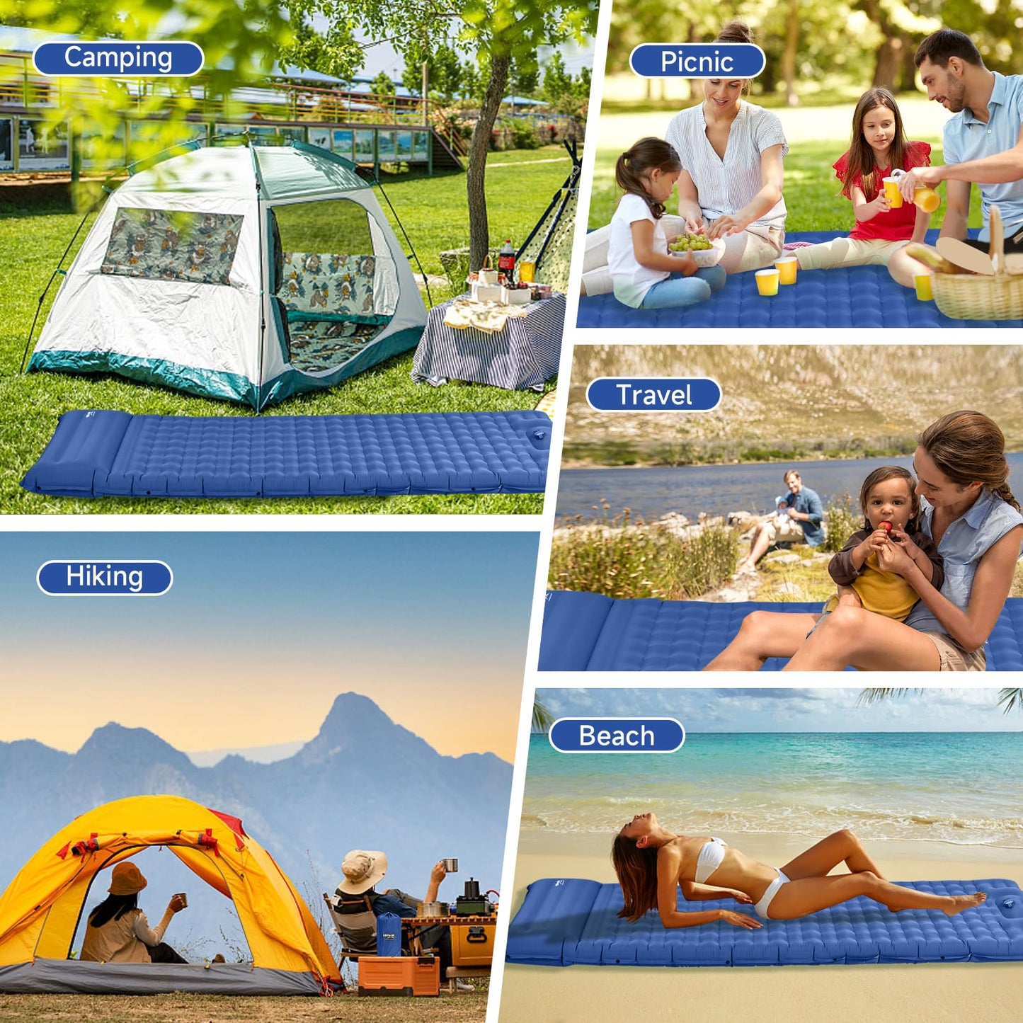 HiiPeak self-inflating camping mat 12cm thick with integrated pillow. Outdoor sleeping pad with small pack size and foot pump, inflatable air cells for high camping comfort.
