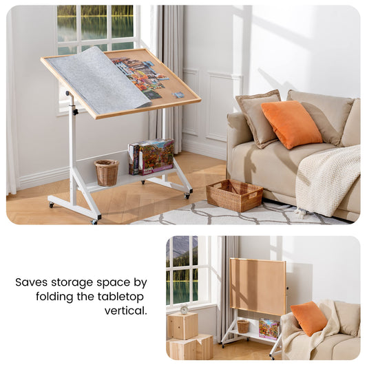 Tektalk puzzle table with angle and height adjustment, puzzle board with cover, tiltable puzzle easel with table legs, enclosed with 4 rolling wheels, for up to 1500 pieces of puzzles.