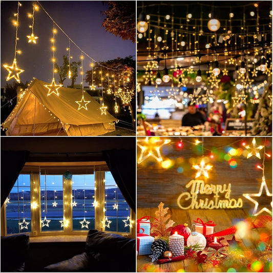 Avoalre curtain lights with 12 stars, 2 meters long, 138 LED star curtain lights can be expanded (up to 21 sets), star curtain lights for windows Christmas decoration, 8 modes warm white string lights.