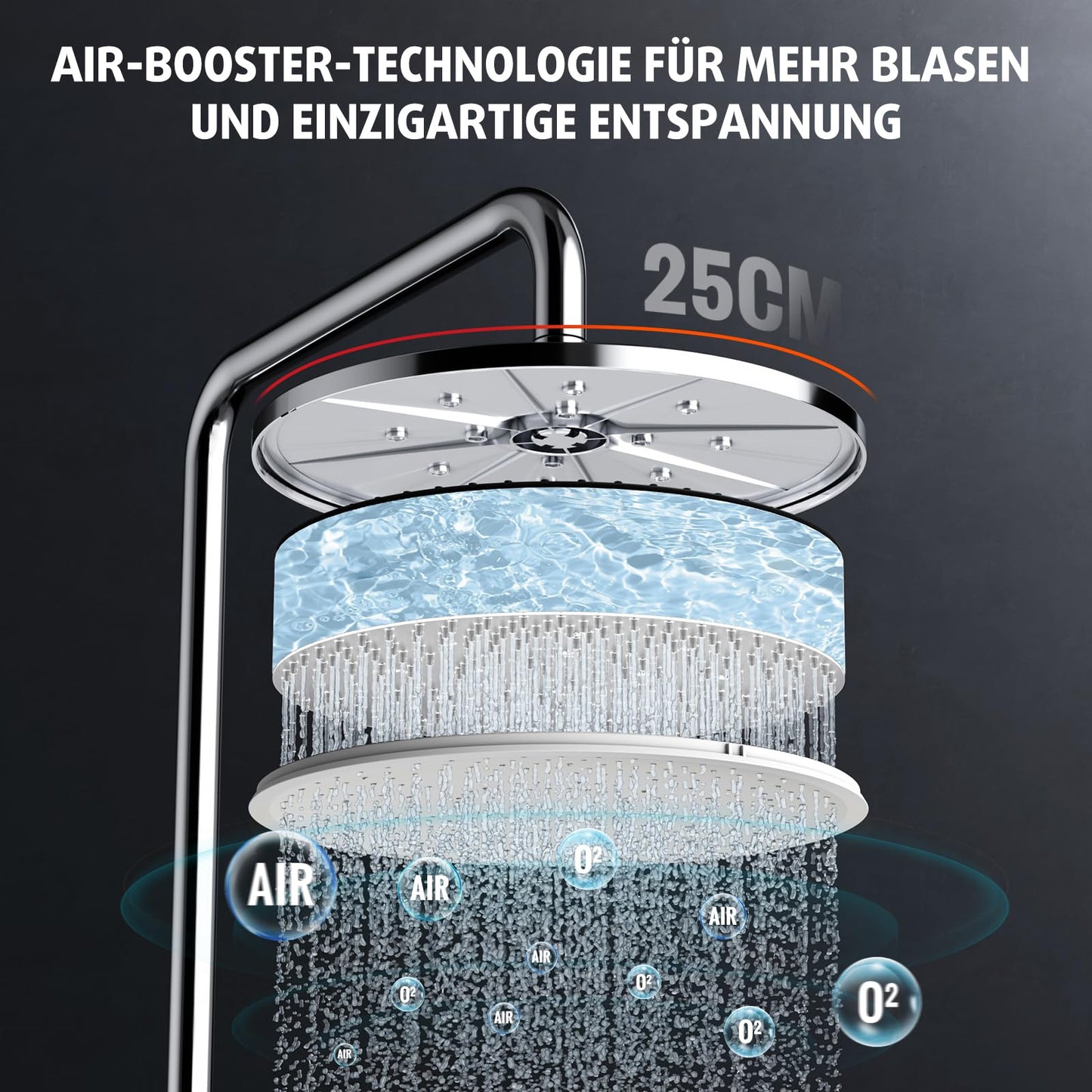 Rainsworth rain shower without fittings Chrome, 25 cm round rain shower and 3 spray modes shower head, shower system, shower column shower set for shower