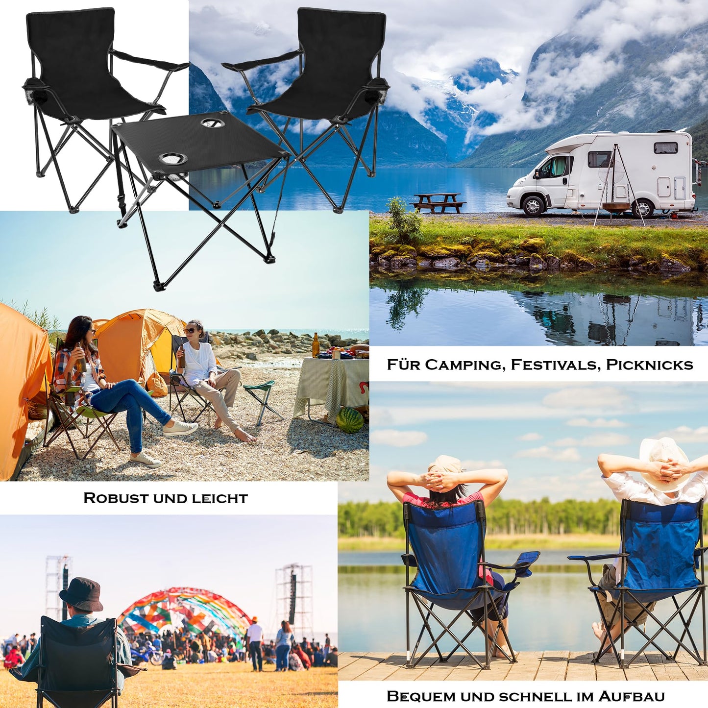 BigDean 2 piece camping chairs & folding camping table in black - table with chairs included - folding chair with table - portable table with chairs