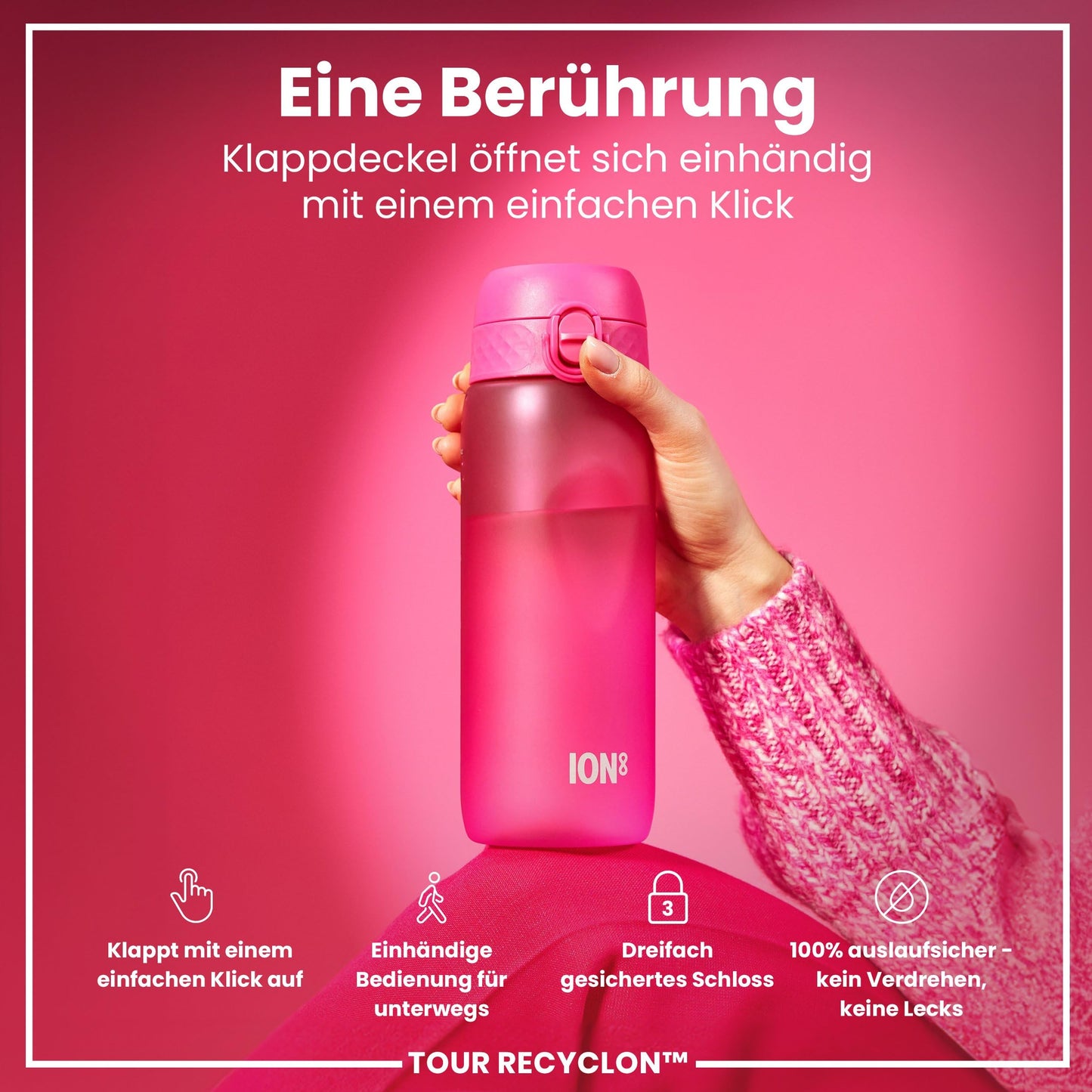 ion8 water bottle, 750ml, leak-proof, one-handed opening, secure lock, dishwasher safe, BPA-free, carry handle, flip lid, ergonomic grip, easy to clean, climate neutral, pink