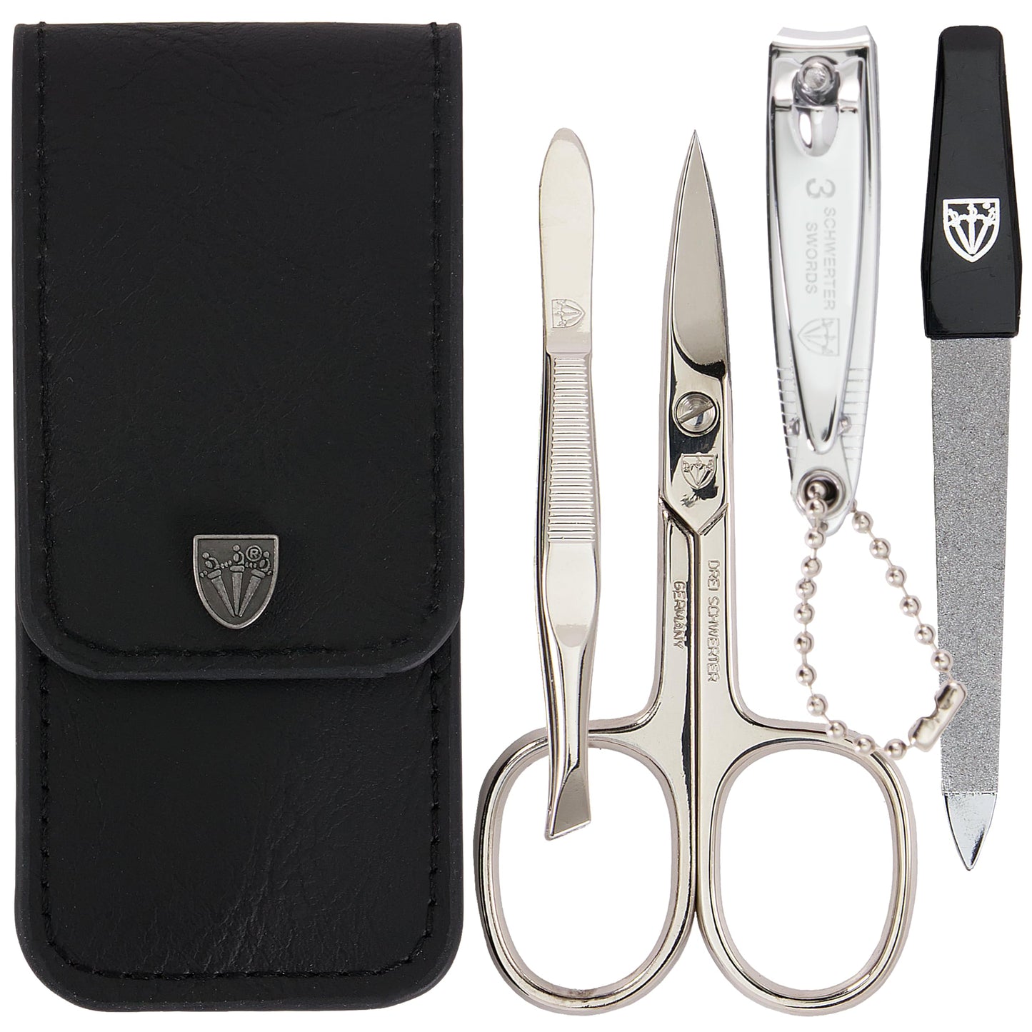 THREE SWORDS - 4-piece Nail Care Set 'Capri' | High-quality nail case for manicure and pedicure. Color: Genuine Leather Black | Contents: Nail scissors, nail clipper, tweezers, sapphire nail file