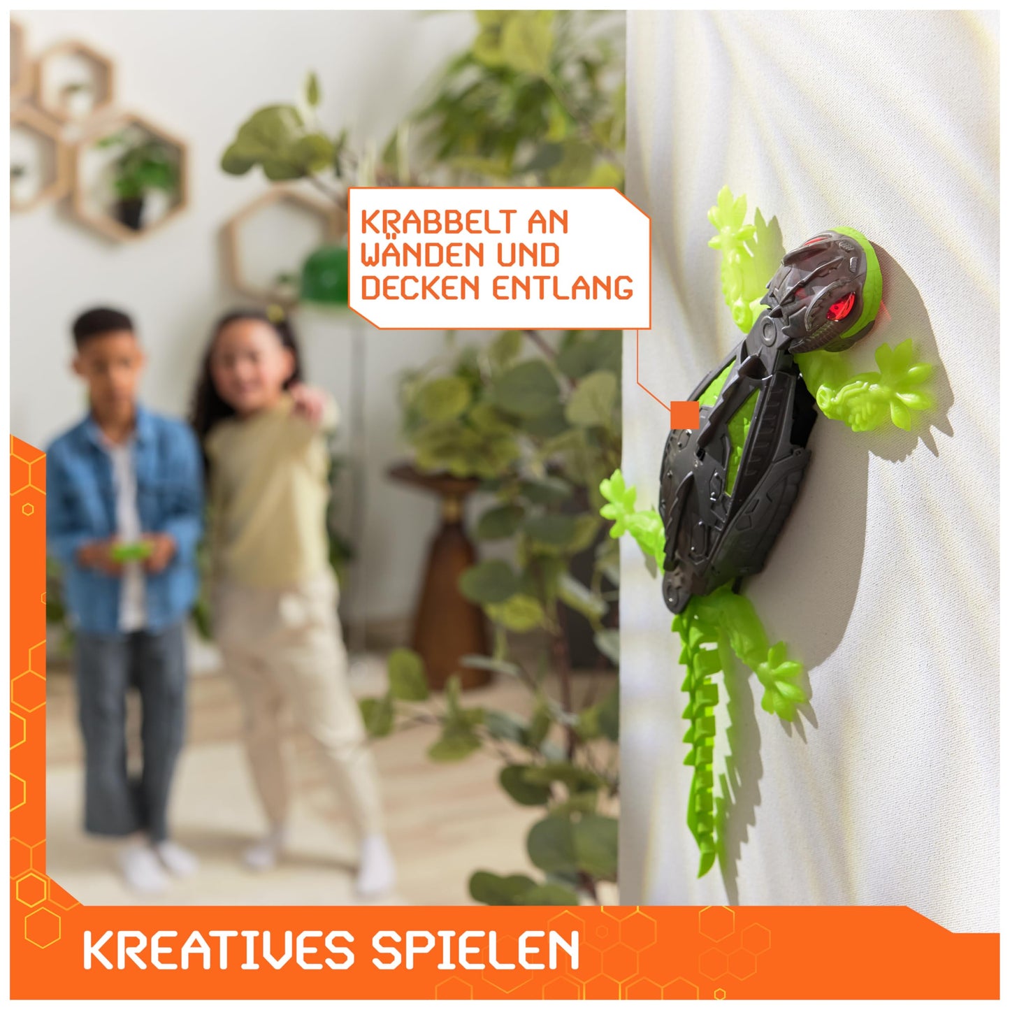 Hex Bots - Wall Crawler Gecko, remote-controlled gecko that crawls on walls and ceilings, with glowing LED eyes, remote included, realistic movements, for kids ages 4 and up.