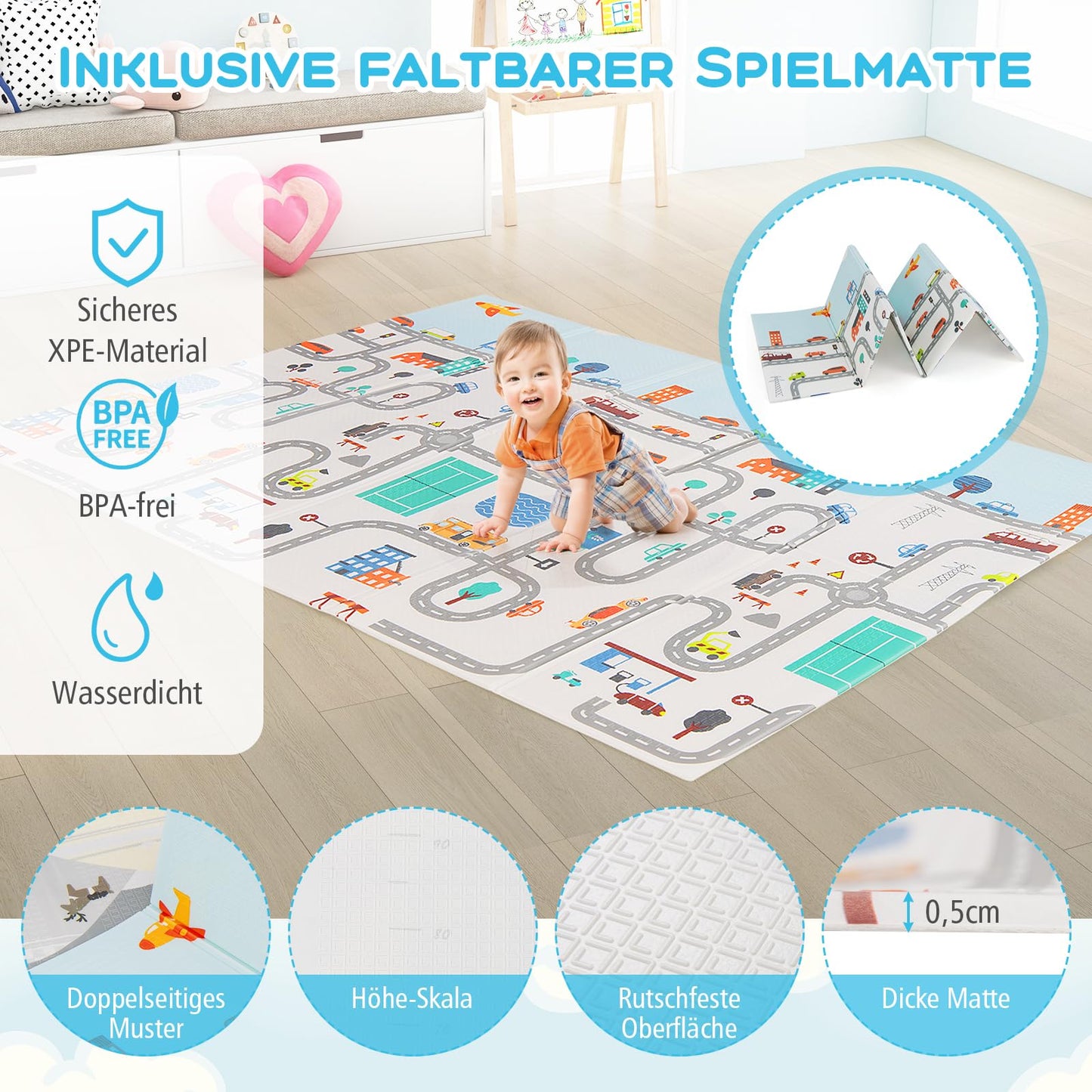 DREAMADE Playpen for Baby, 189 x 158 cm Playard with Mattress & 4 Pull Rings & 50 Ocean Balls & Carrying Bag, Large Safety Gate for Babies & Toddlers 0-3 Years (with Mattress, Light Gray)
