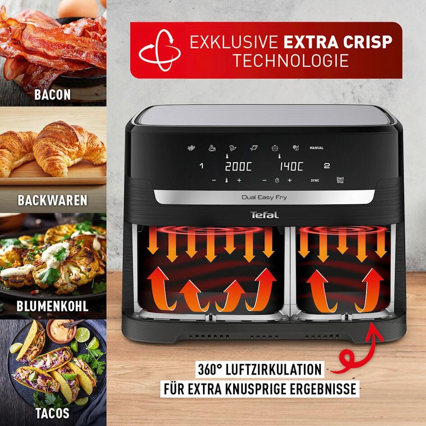 Tefal Dual Easy Fry hot air fryer with two chambers, 5.2/3.1 L capacity, two independent drawers, 7 automatic programs, energy-saving, black, EY9018.