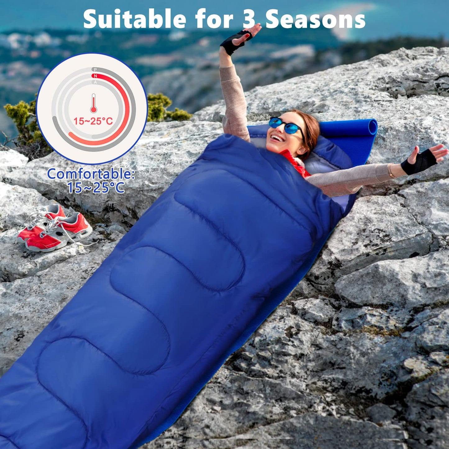 Outdoor sleeping bag for camping 3 seasons - Adult summer sleeping bag 2 in 1 function Mummy bags Warm Lightweight Water-resistant for backpacking hiking and traveling