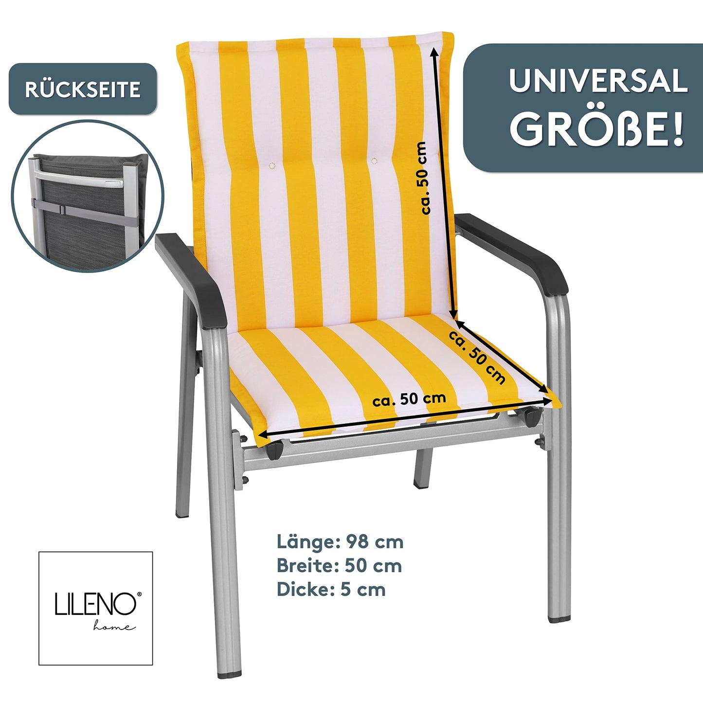 LILENO HOME garden chair cushions in yellow block stripes as a set of 2 low-backrests - comfortable lying as seat cushions for garden furniture - chair pads for garden chairs and folding chairs.
