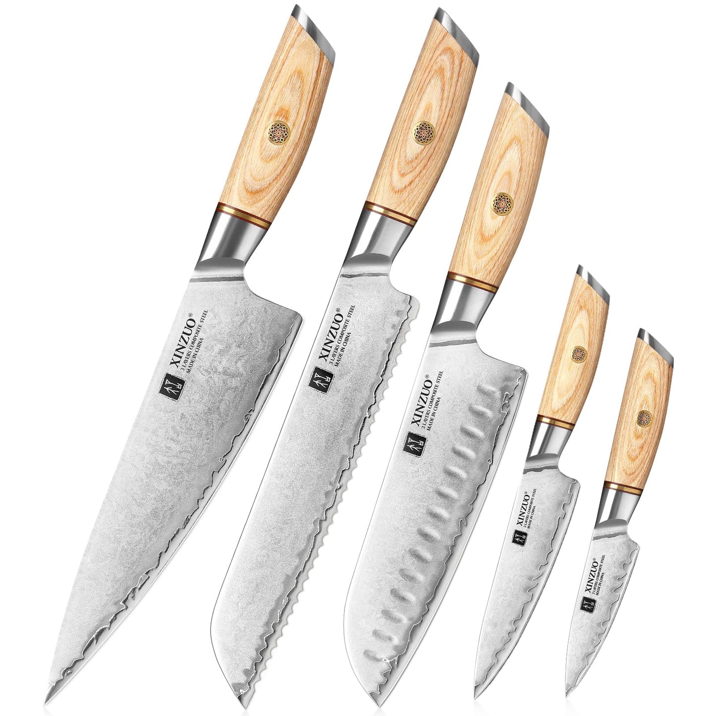 XINZUO 5-piece kitchen knife set made of composite steel, chef's knife set with 3 layers of composite steel 10Cr15CoMoV steel core, professional sharp Japanese knife set with Pakkawood handle.