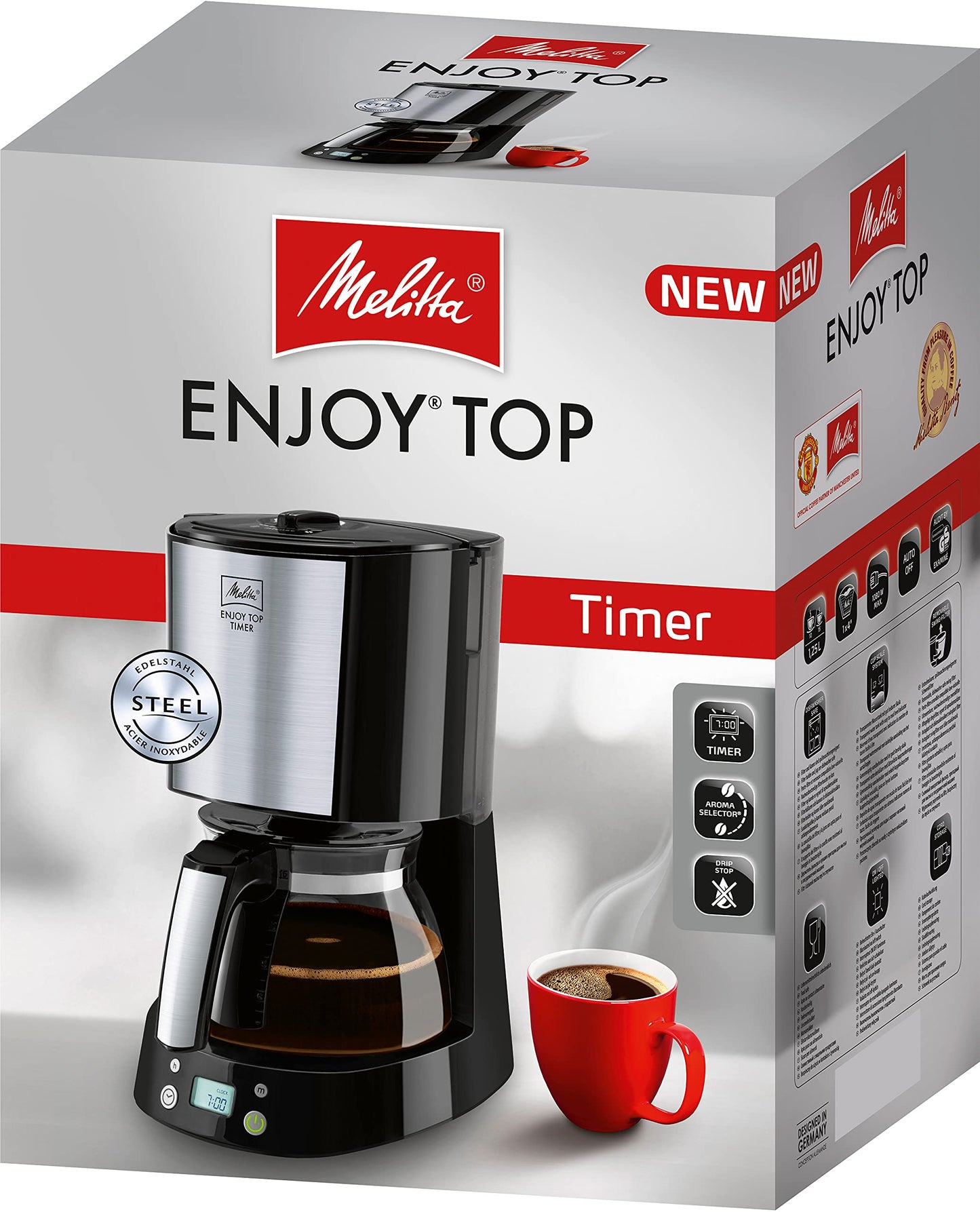 Melitta Enjoy Top Timer - Filter Coffee Machine - with glass carafe - Timer function - Drip stop - 10 cups - Black (1017-11)