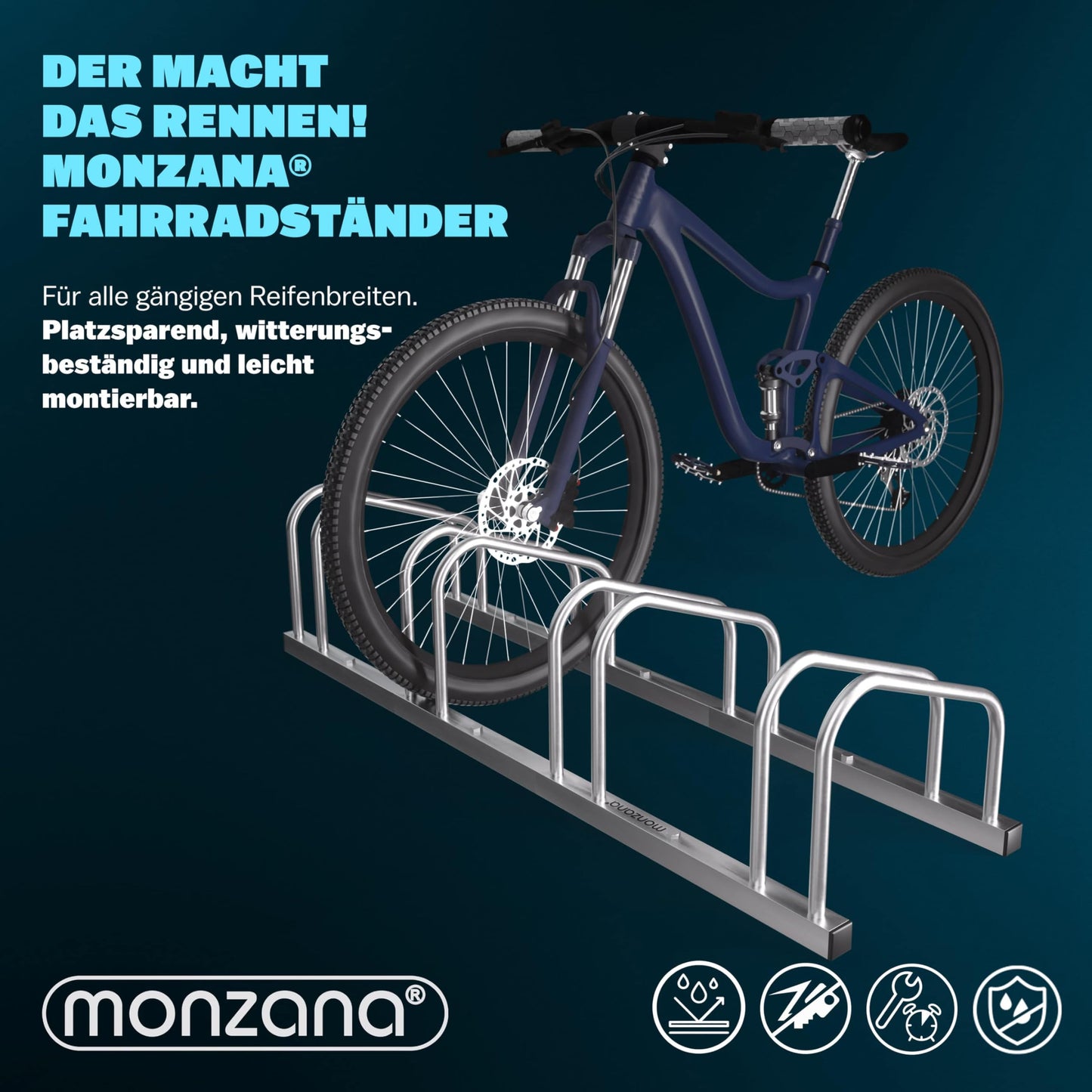 MONZANA® Bike Stand for 4 bikes 37cm wheel distance 30-65mm tire width stainless steel self-locking screws floor or wall mounting multiple stand bike holder bike stand