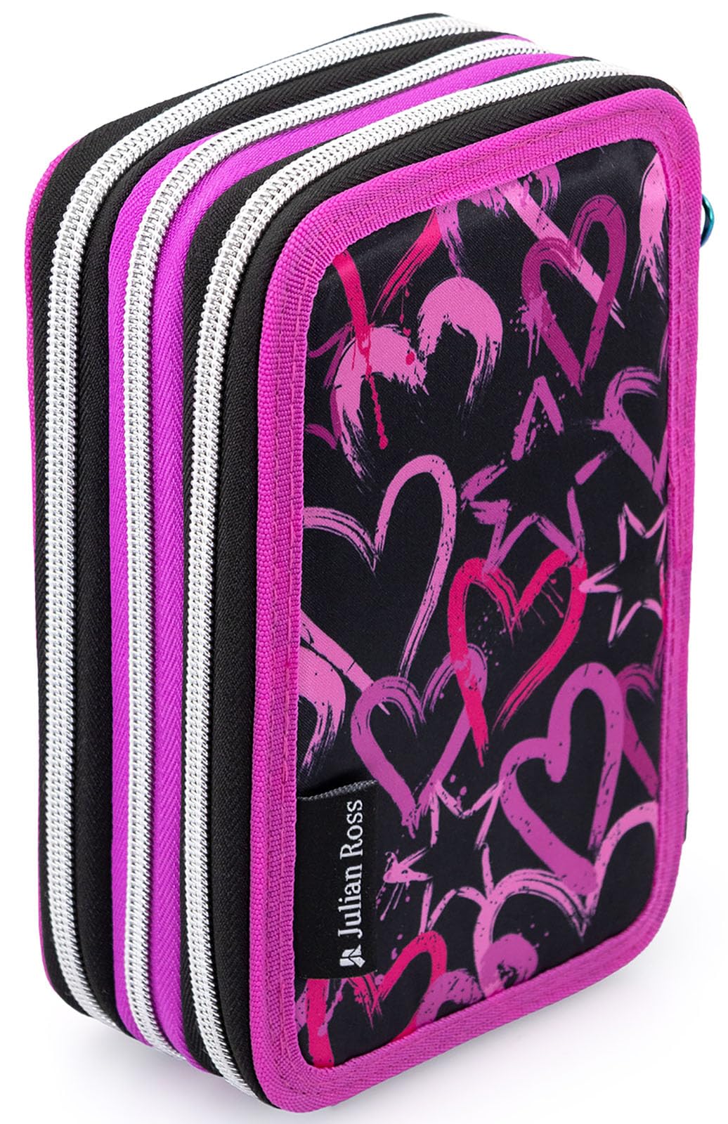 Girl 3-compartment pencil case - 45 pieces, fully filled - with 2 erasable gel pens, scissors, glue, colored pencils - ideal for school & as a gift - Julian Ross Hearts and Stars