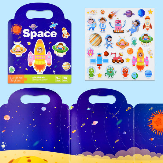 ASTARON Space Sticker Book for Toddlers, Reusable Sticker Books, Airplane Activities, Travel Toys, Birthday Christmas Gift for Kids
