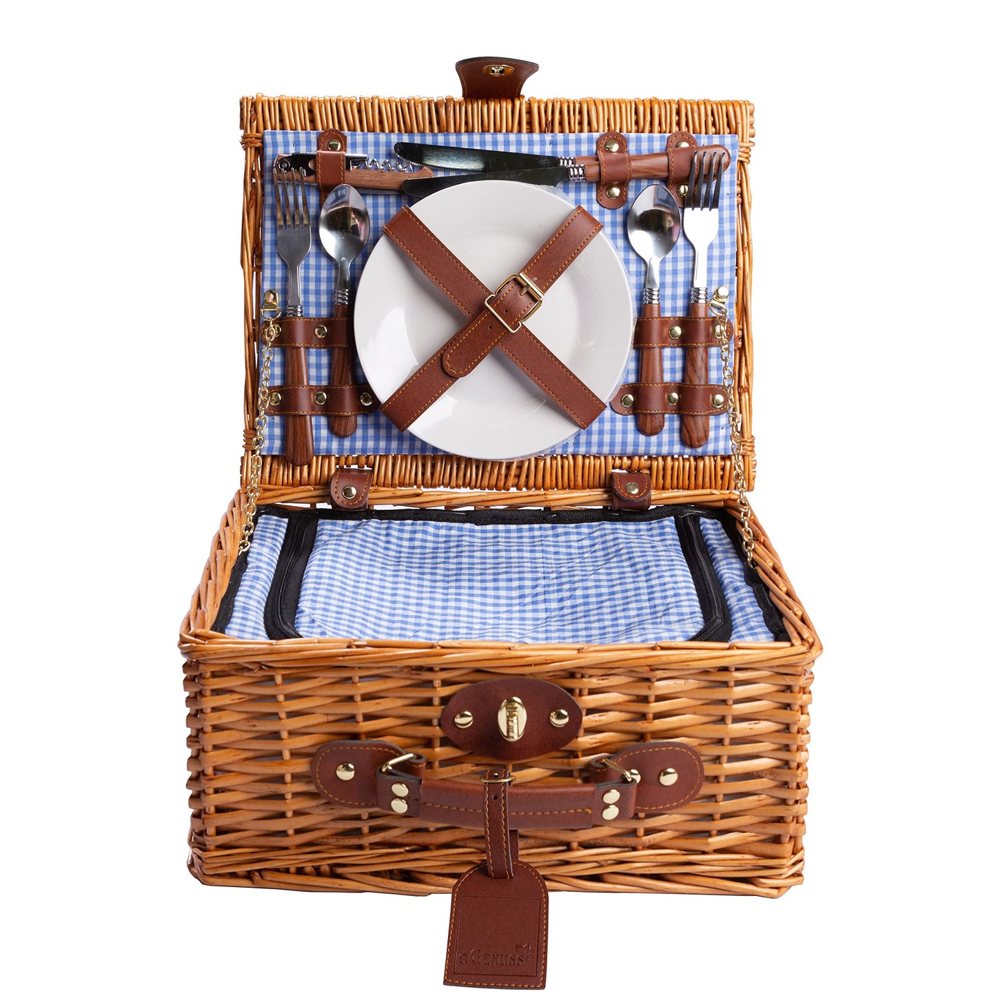 Enjoy willow wicker picnic basket for 2 with cooler & accessories β picnic set with utensils, porcelain plates, wine glasses β for camping, wedding & gift idea β BLUE