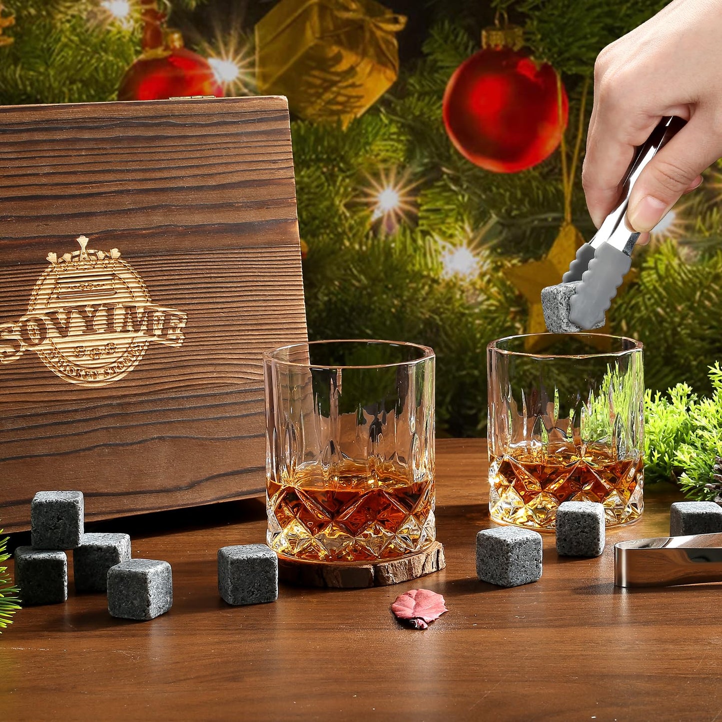 Whiskey Glass Gift Set, Whiskey Stones, Whiskey Gift Sets for Men, 8 Whiskey Stones 2 Crystal Whiskey Glasses Wooden Box Gift, Birthday Gifts for Men, Dad, Husband Valentine's Day (Round)