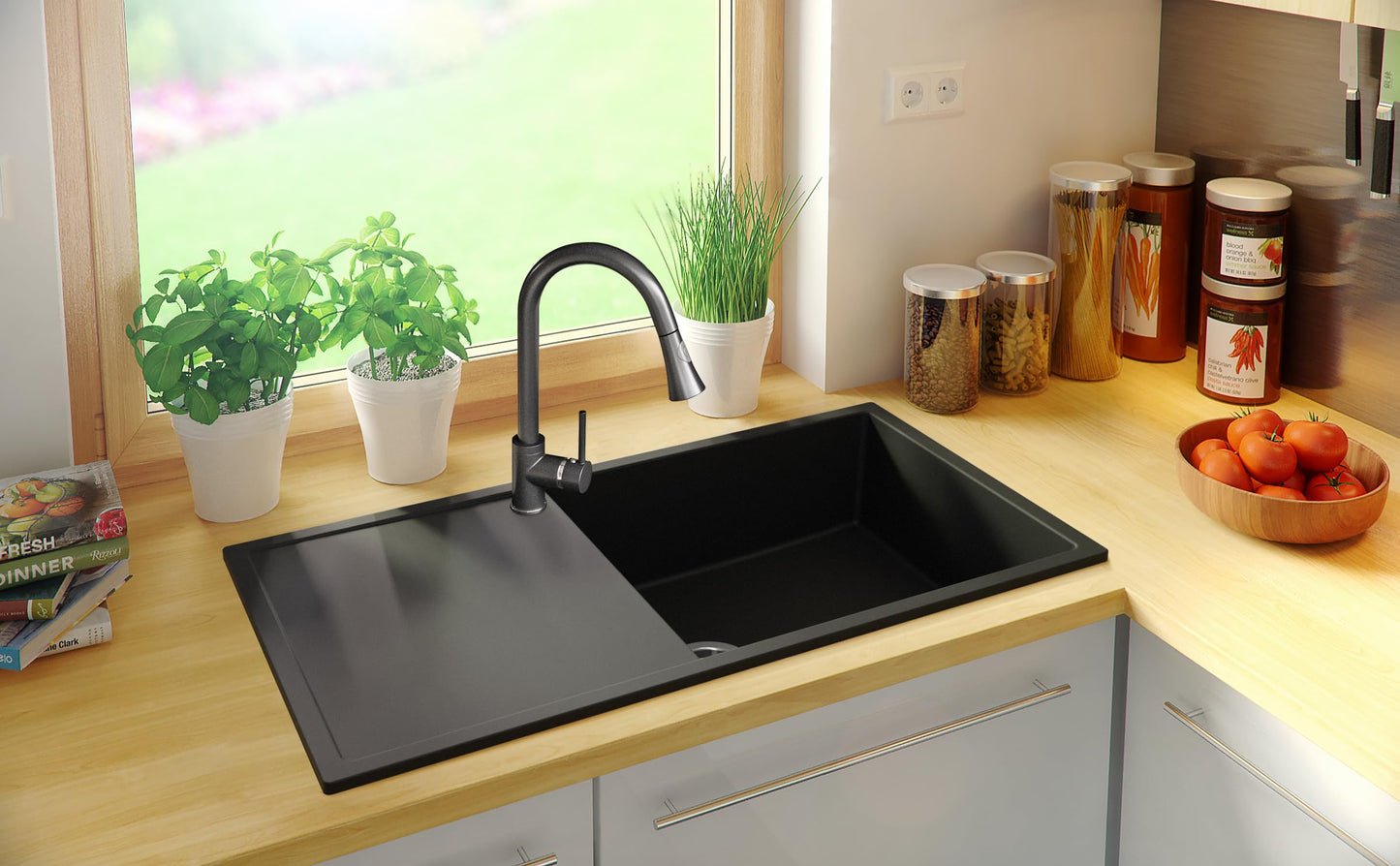 PRIMAGRAN granite sink black 90x50cm, granite sink 1 bowl + drain set, kitchen sink from 60cm base cabinet - Ibiza S034