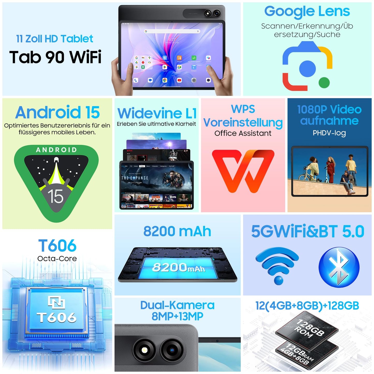 Blackview Tab90 WiFi Android 15 Tablet 11 inch, 12GB RAM, 128GB storage (expandable to 2TB), Widevine L1 display, Octa-core T606, 8200mAh battery, 5G WiFi, dual 13MP+8MP cameras, GMS, BT 5.0