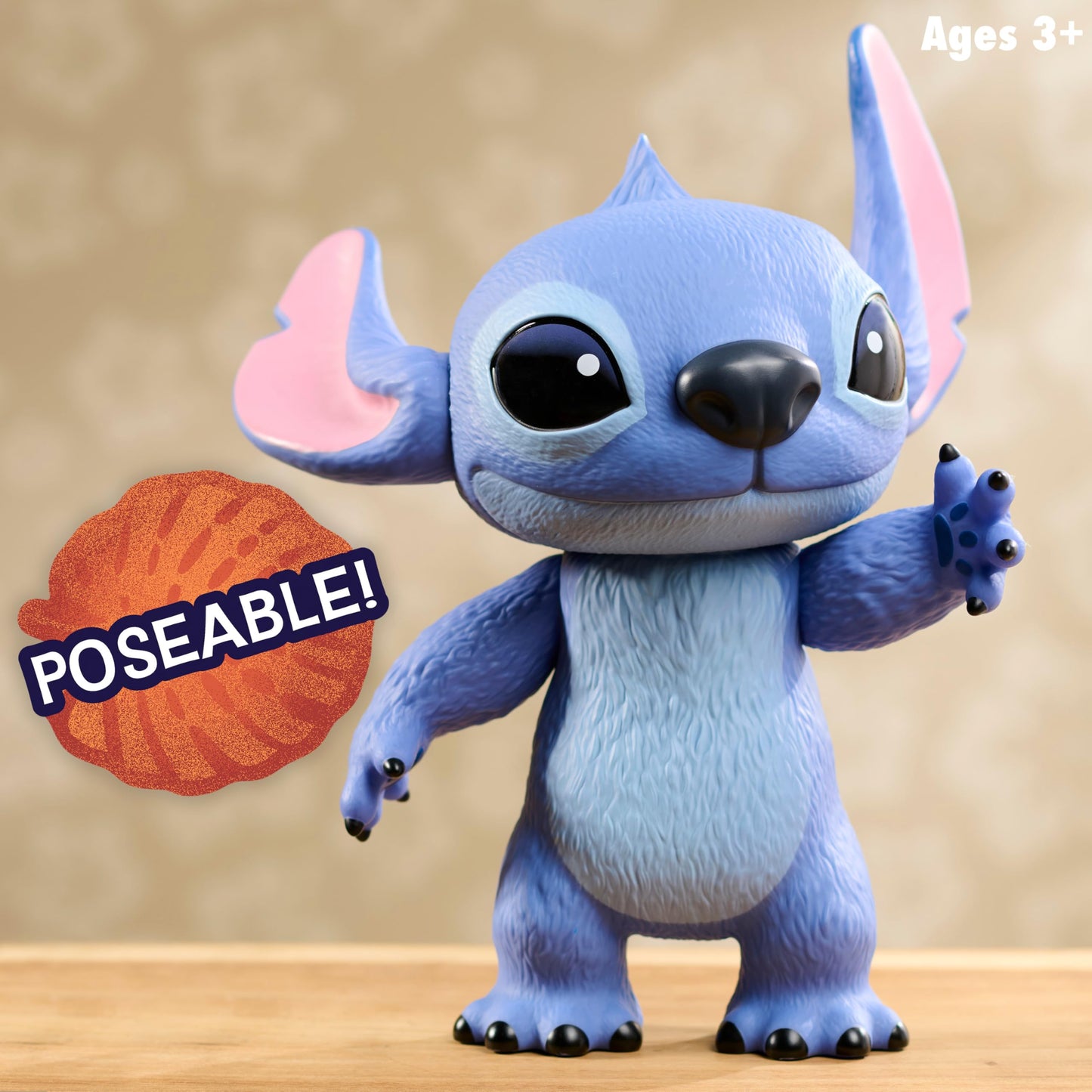 Just Play Disney Stitch Live-Action 35.6 cm tall Larger Than Life vinyl figure, with 3 points of articulation for play and display. Moveable figure, suitable for kids 3 years and older.