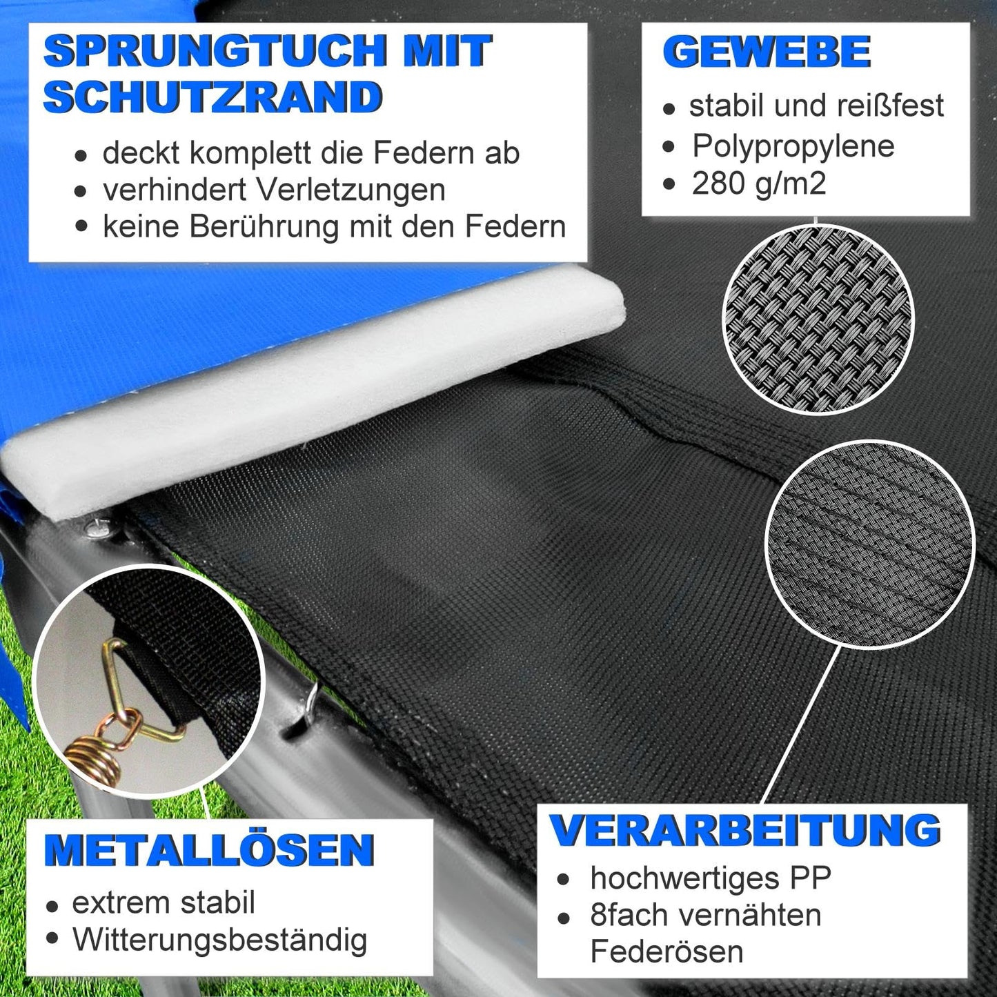 Baunsal® Trampoline jumping mat with safety edge Ø 427 cm with 88 eyelets for spring length 145 mm replacement parts jump mat, replacement mat, safety net, mat for garden trampoline