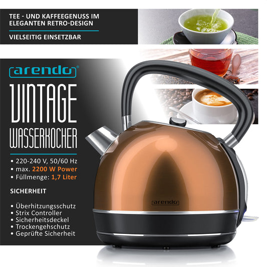 Arendo - Copper-look kettle with toaster SET - Electric kettle max 2200W, limescale filter, 1.7 liters, 2-slice long slot toaster with bun attachment, breakfast set