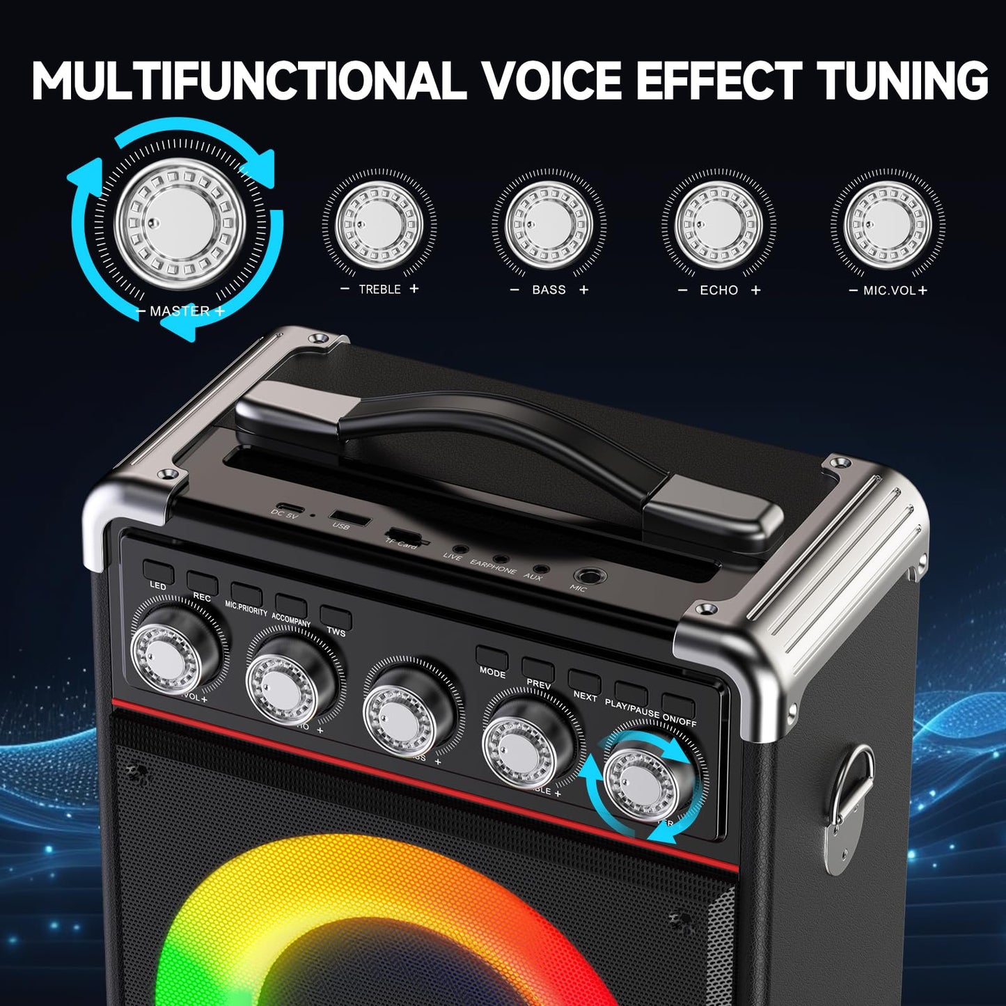 JYX Karaoke Machine with 2 wireless microphones, Portable karaoke system speaker with RGB light for house party. Supports TWS.