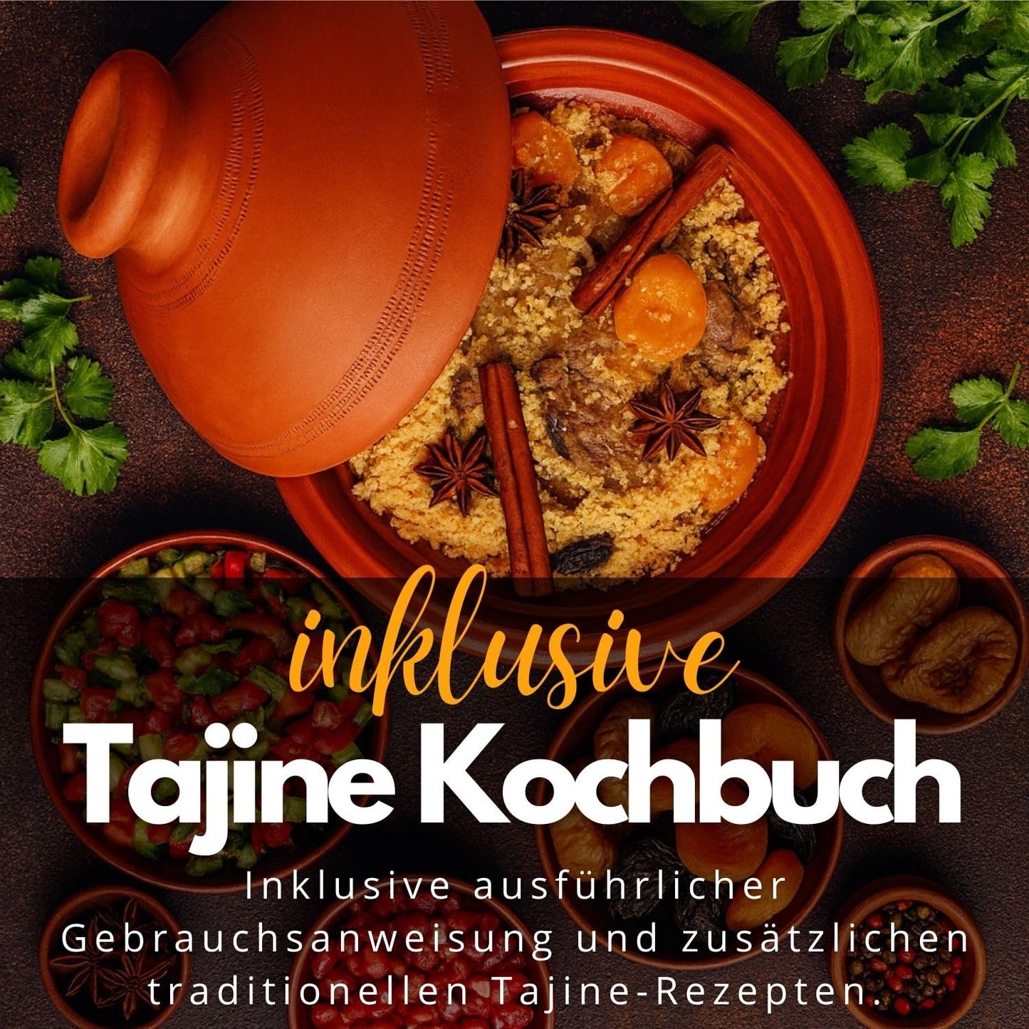 Tajine, original from Morocco, including cookbook North African cuisine, clay pot for cooking, Tuareg Ø 26cm, for 1-3 people, handmade from Marrakesh, free of pollutants.