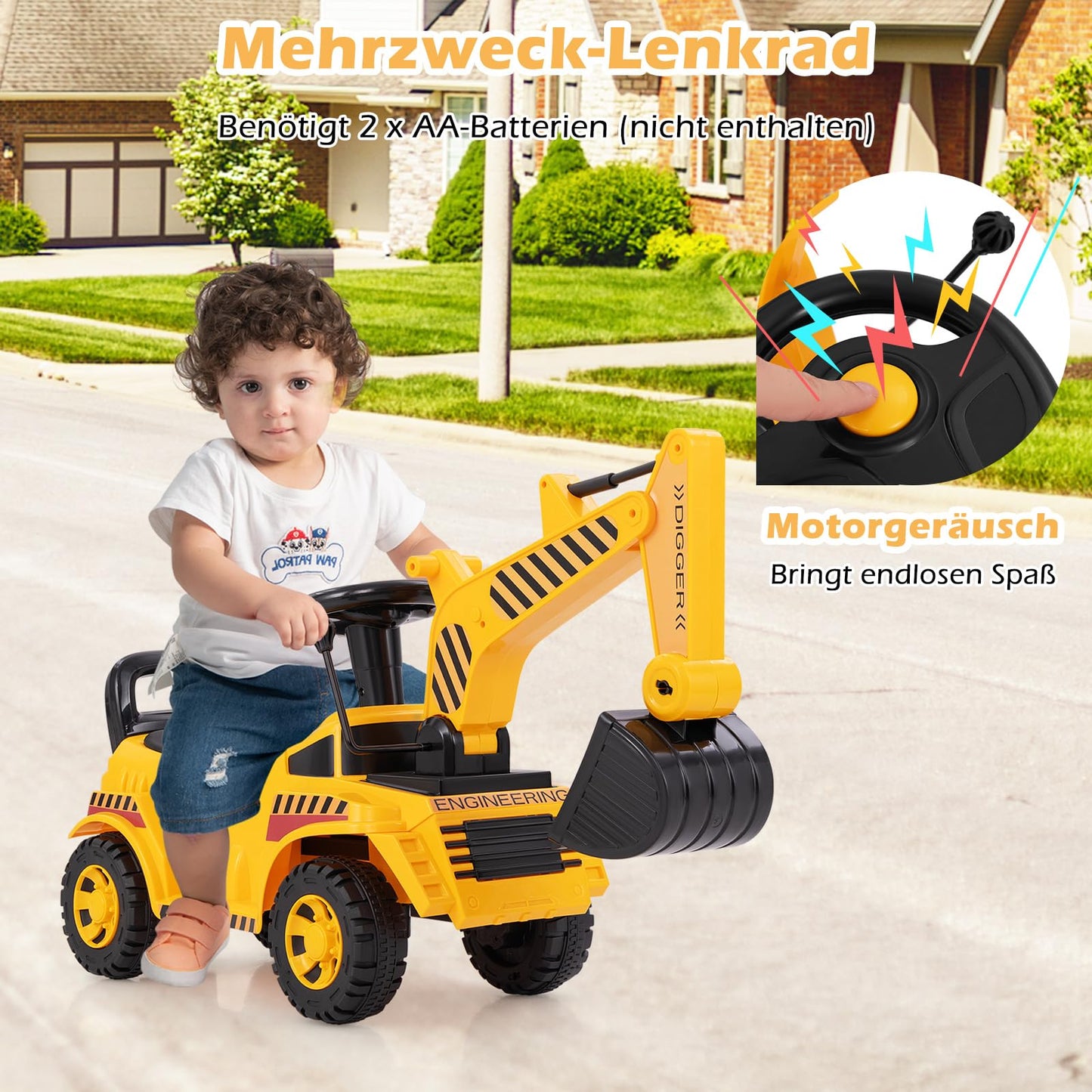 COSTWAY Ride-On Excavator for Kids, with Adjustable Shovel & Storage Space under the Seat, Excavator with Engine Sound & Tipping Protection, Ride-On Excavator for Children aged 1 year+