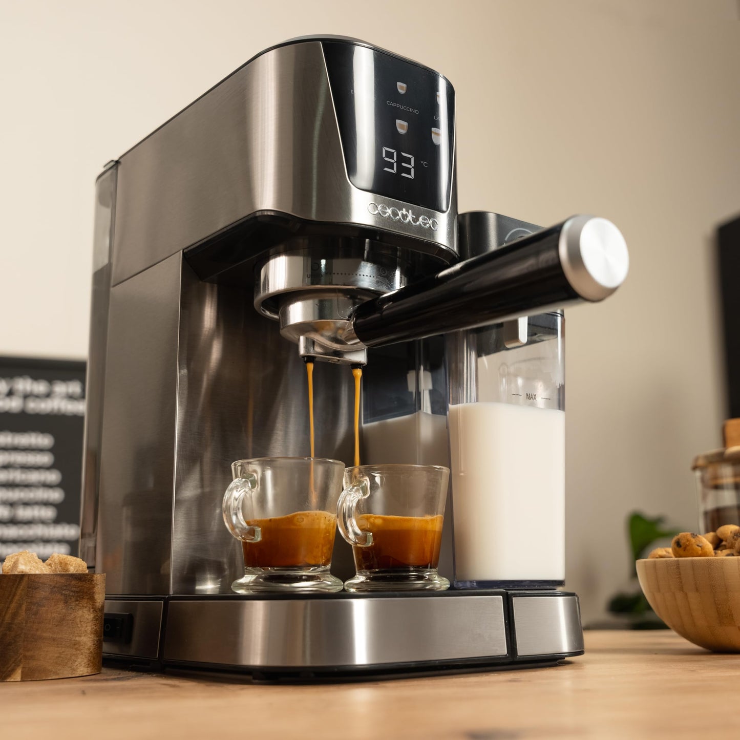 Cecotec Semi-Automatic Coffee Machine Power Espresso 20 Cream: 20 Bar, thermoblock heating system, for ground coffee, espresso, cappuccino, latte, touchscreen, 700ml milk container, 1L water tank.