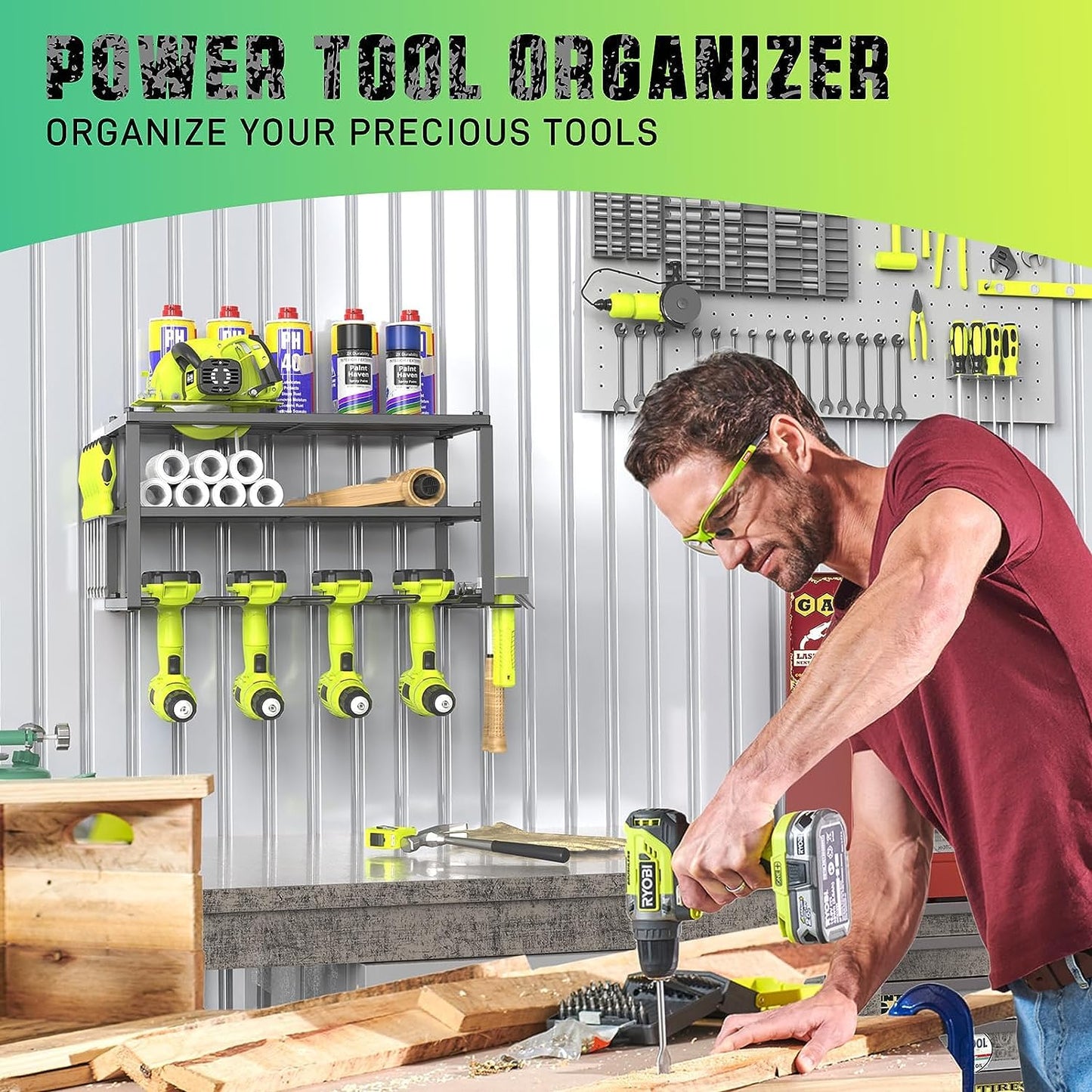 WELDUN Tool Storage Wall Mount Impact Drill & Screwdriver Tool Rack for 4 Power Tools, 3-tier Tool Stand with side Screwdriver Holder for Garage, Workshop