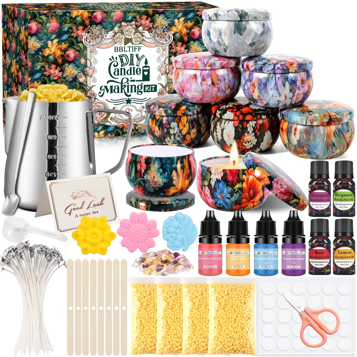 DIY Candle Making Kit, Candle Making Set, Includes 480g Soy Wax, 8 Candle Jars, 4 Color Dyes, and 4 Scents, Candle Making Kit for Adult Beginners