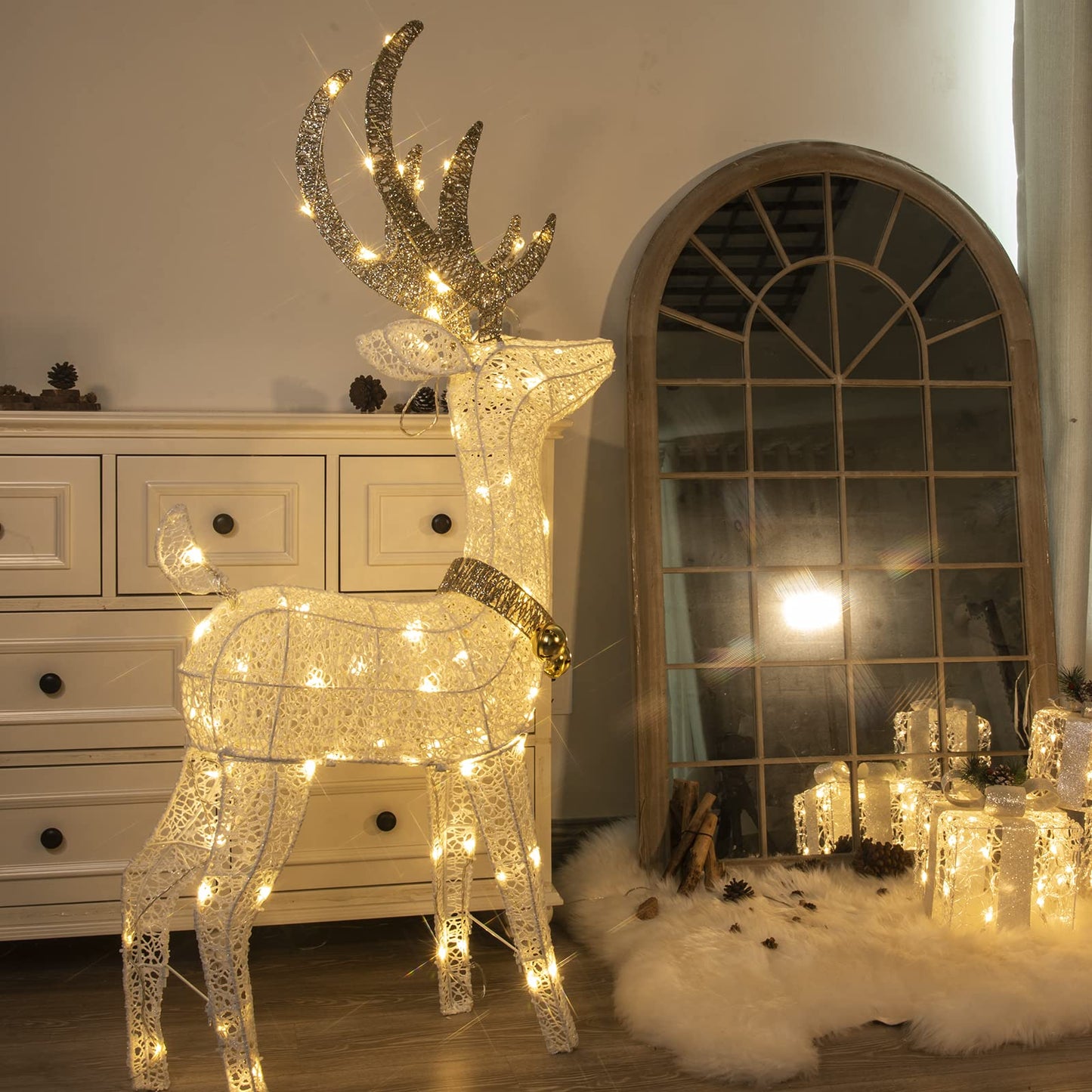 Illuminate your home this holiday season with this charming 1.2M golden and white iron frame LED reindeer decoration. Perfect for both indoor and outdoor use, this glowing Christmas decor will bring warmth and cheer to your space.