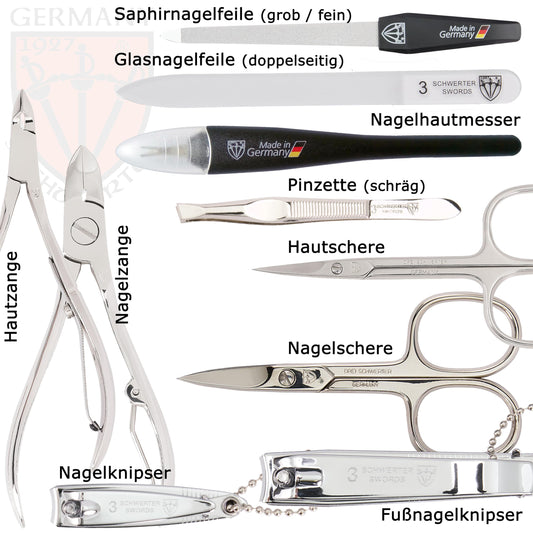THREE SWORDS - Germany 10-piece Manicure Set 'Spezia' | Nail case in faux leather mint | Contents: Nail scissors, Cuticle scissors, Nail clippers, Tweezers, Glass nail file, and more