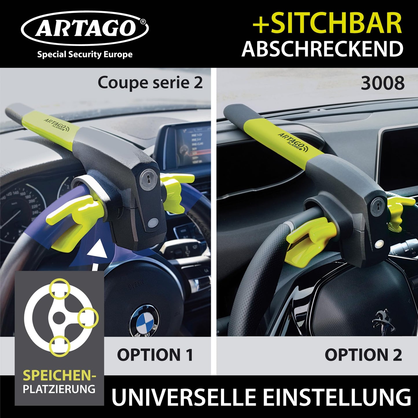 ARTAGO 870 High-quality steering wheel lock, 2in1 steering lock with/without alarm Don't Touch 120dB+LED, steering wheel lock. Secure and deterrent around the steering wheel spoke, best anti-theft protection for cars.