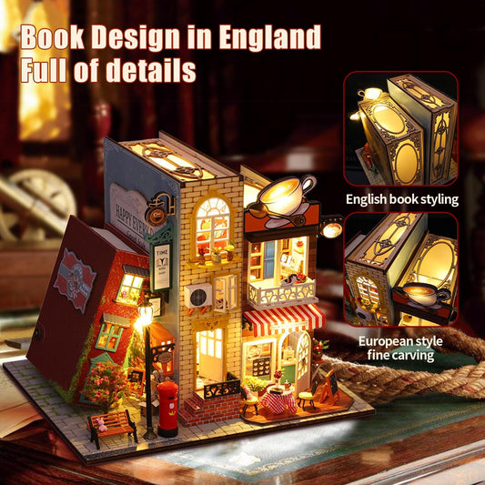 CRIOLPO Book Nook Kit - DIY dollhouse wooden miniature house kit, book corner miniature kit for adults, teens; 3D wooden puzzle bookshelf insert kits with sensor LED light - outside the book.
