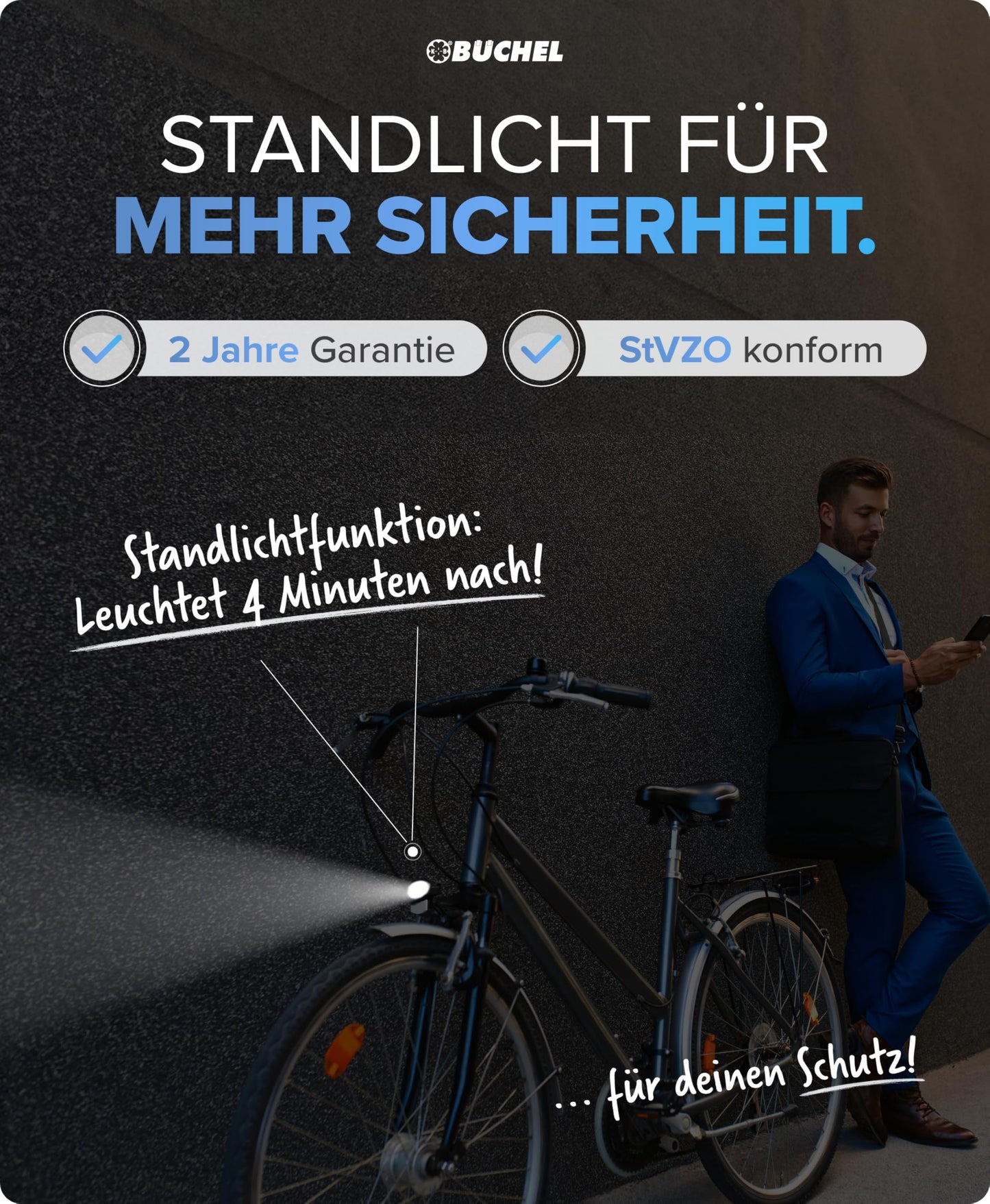 BÜCHEL Tour Dynamo Lamp with stand light and StVZO approval | 45 LUX front bike lamp, LED stand light, bike headlight, LED front bike light, Black