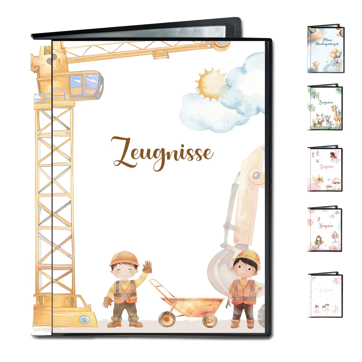 Minilino report folder with 20 premium transparent sleeves A4 size. Protect and store school reports in this document folder for elementary school documents | Folder for certificates (excavator)