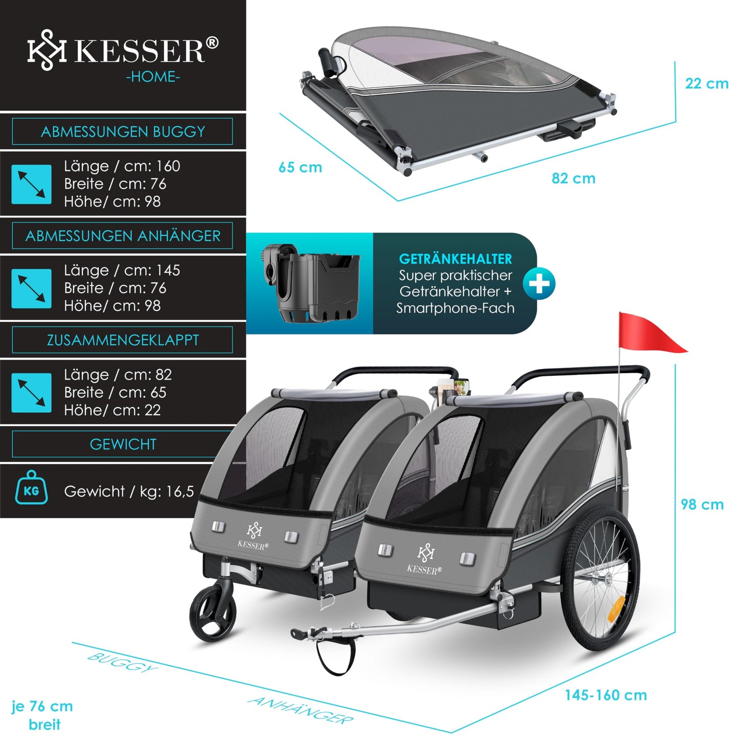 KESSER® child bicycle trailer Sport-RX 2in1 jogger & buggy with 5-point harness, safety belt, 360° front wheel, reflectors, suitable for 1-2 children (max. 40 kg), with cup holder & smartphone compartment.