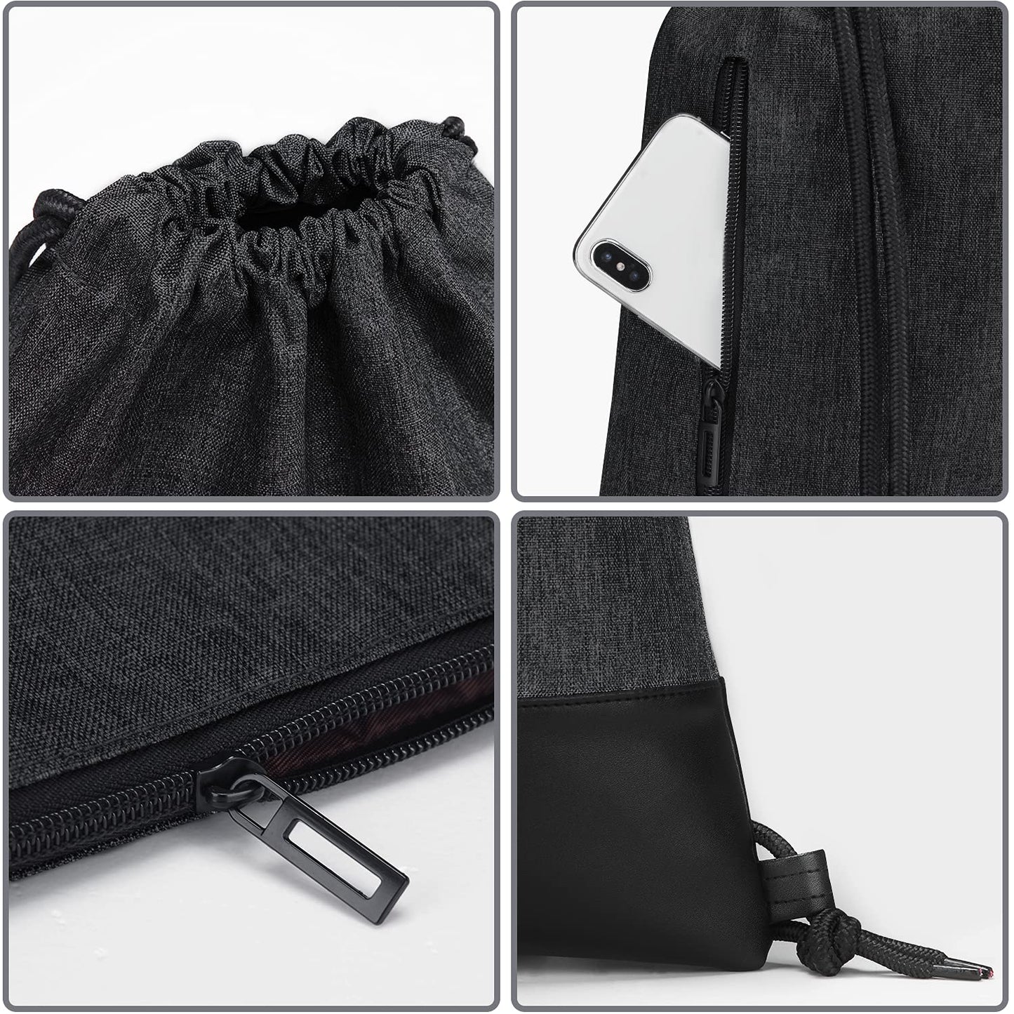LIVACASA gym bag, made of water-resistant material with leather accents, lined with inner pocket and keychain. Perfect for men and women, this black gymsack includes an outer pocket and money pouch.