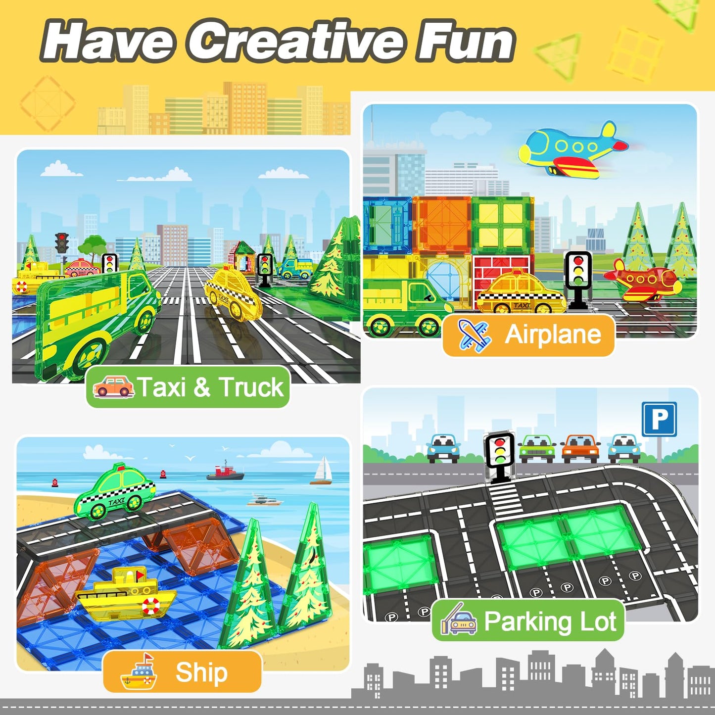 Magnetic tiles city street set, kids toy, sensory games for 3 year old boys and girls, magnetic blocks for kids ages 3-5, 4-8 years old, classroom, a must-have.