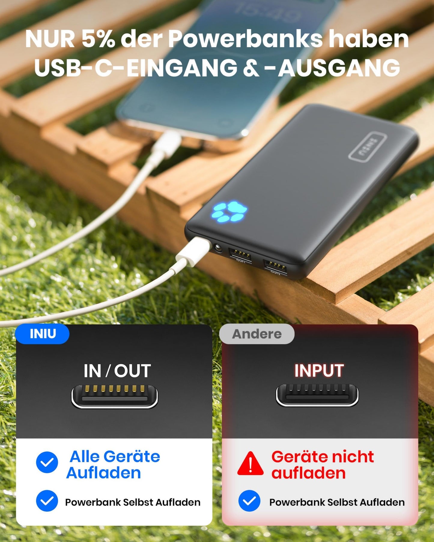 INIU Power Bank, Ultra Slim 10000mAh Portable Charger Small But Powerful, USB C Input & Output, External Battery Packs Triple 3A with Flashlight, Compatible with iPhone 17 16 15 14 13 12 Pro Max Samsung Huawei