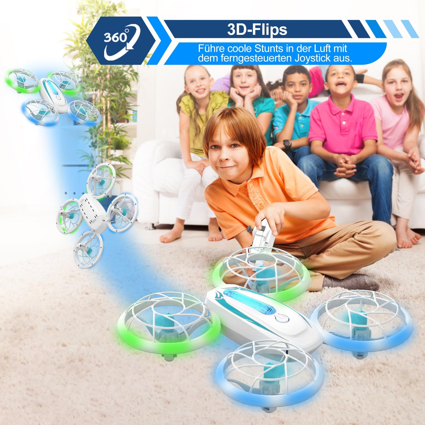 Wipkviey T18 Mini Drone for kids, RC Quadcopter with blue and green lights and 360° flip, RC drones with altitude hold and headless mode for boys girls beginners, 2 batteries.