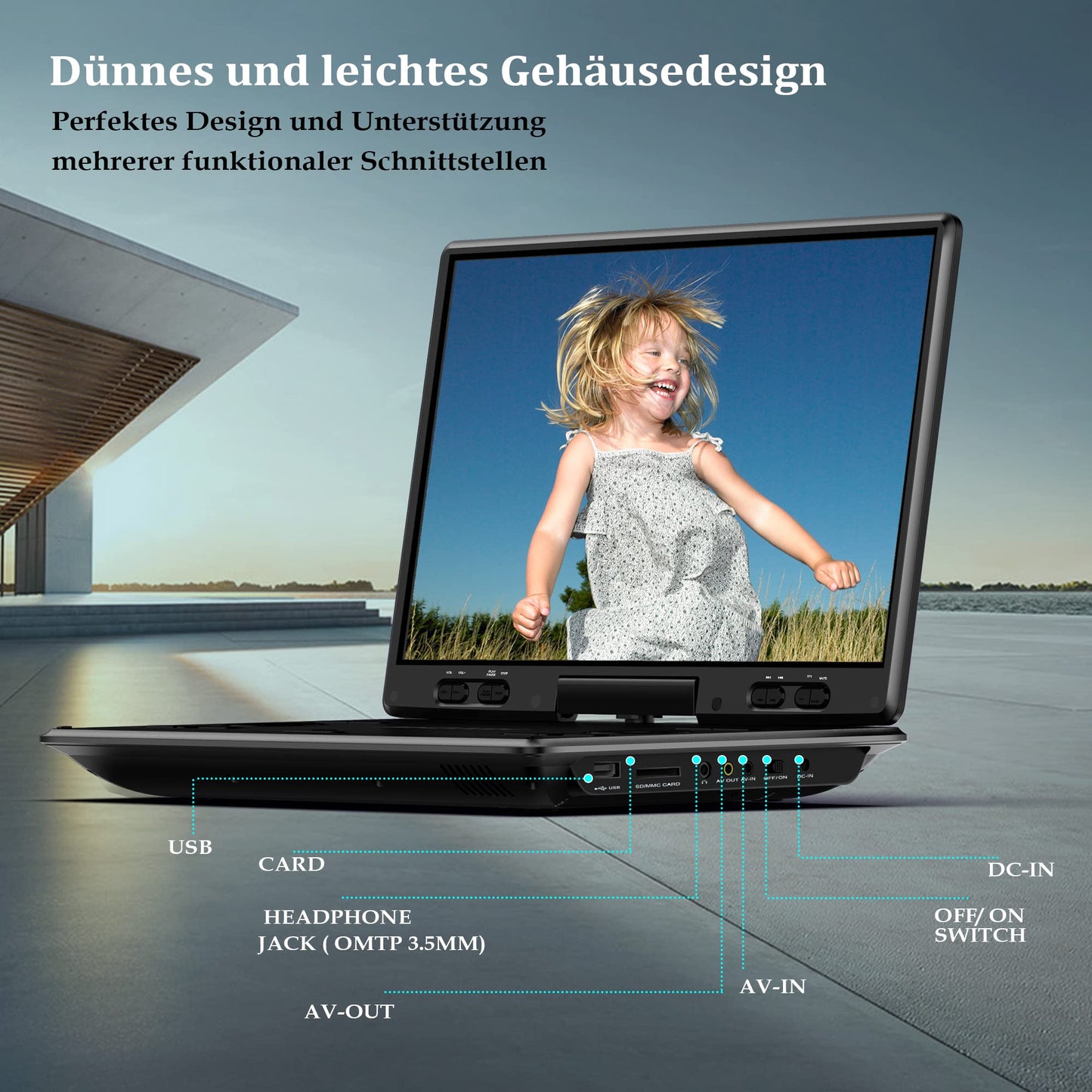 Portable 14.9-inch DVD player for cars, for kids with swivel 12.5-inch HD screen & car headrest mount, DVD/CD player, for Sync-TV projector, USB/SD connection