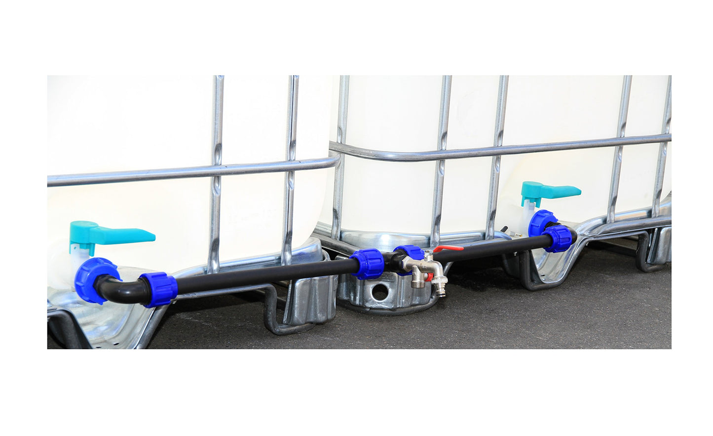 VOXTRADE Connection set for IBC tanks, 3-port ball valve, polyethylene (PE), brass, steel, blue, CE, EN 1074-1, 3/4" thread, 1/2" PE outlet, max. 10 bar, Gardena-like connection.