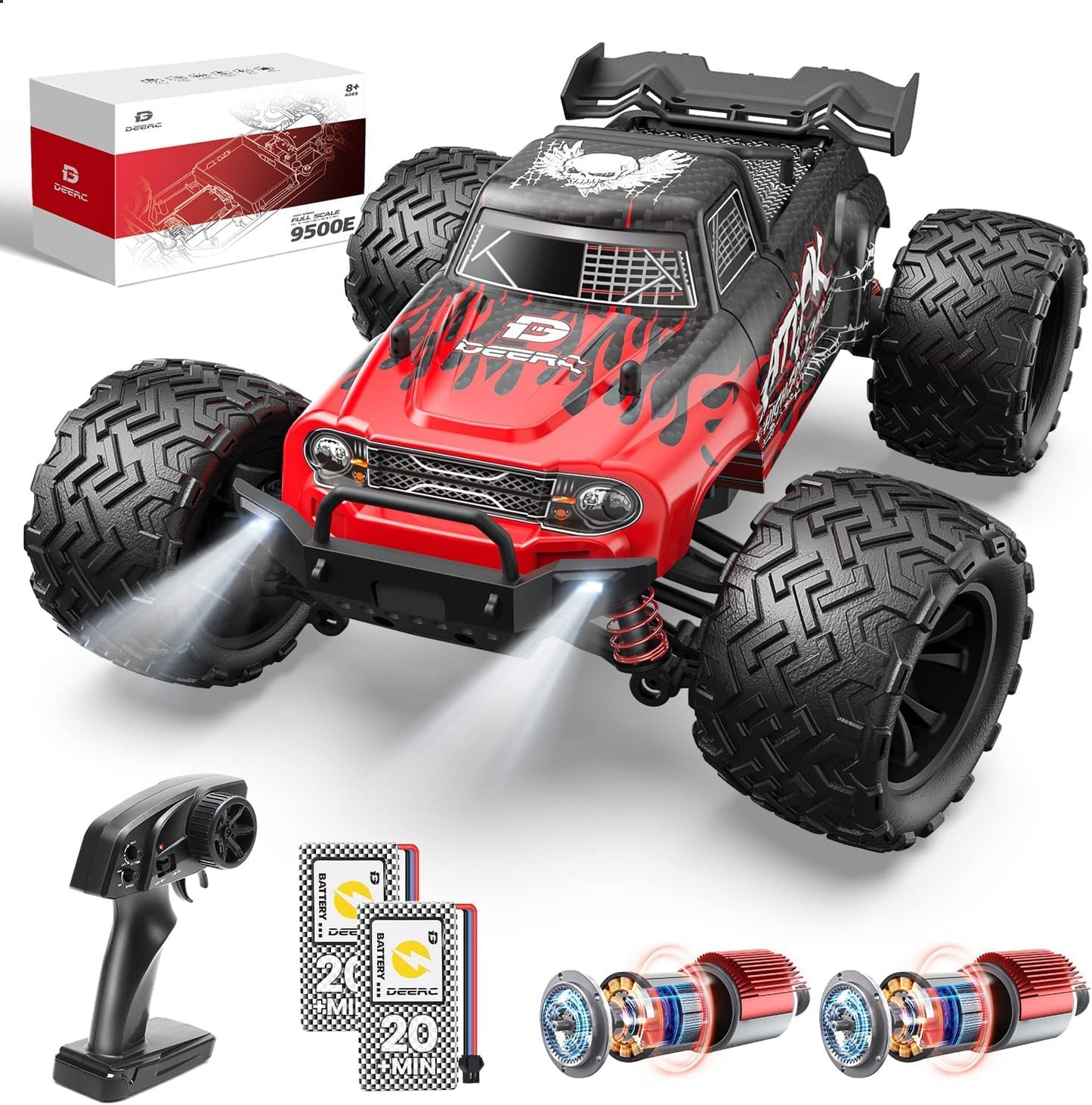 DEERC Remote Control Car, 1:16 Scale RC Car for Adults, 40 KM/H, 4WD All Terrain Off-Road 2.4Ghz RC Crawler with LED Light, 2 Batteries, Toy Gift for Kids