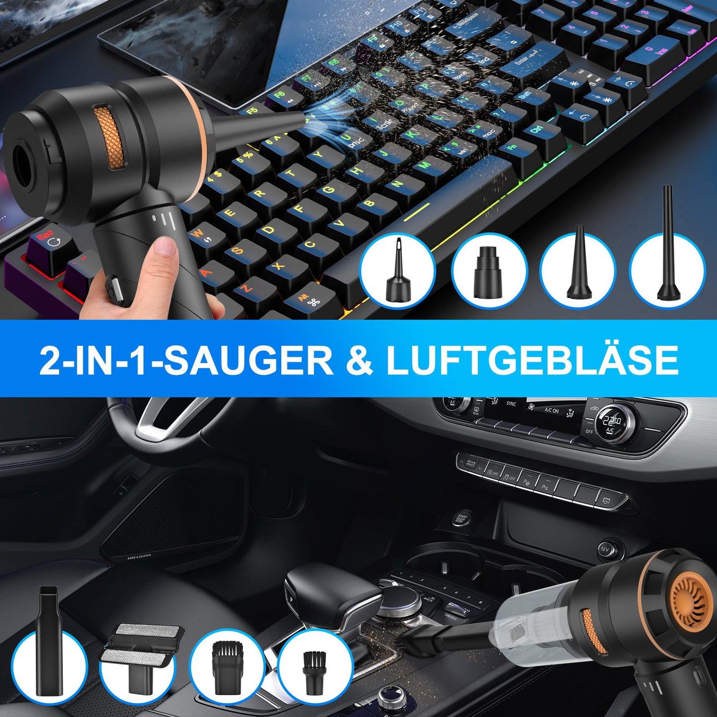 Fwiull Handheld Vacuum, 18000PA Car Vacuum, 4-in-1 Cordless Handheld Vacuum Cleaner, 3-Speed 200000 RPM Car Vacuum, Foldable Car Vacuum for Office Use, Car, Kitchen, Pet Hair