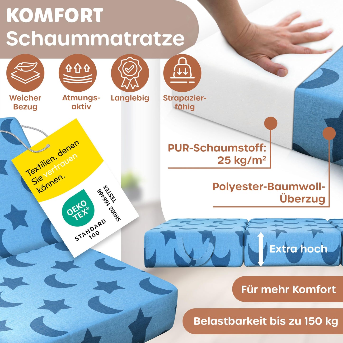 KESSER folding mattress 75 x 200 x 15 cm guest mattress 3-fold foldable as a seat stool foam mattress 25kg/m³ extra thick 15cm breathable washable Removable cover incl. Camping carrying bag