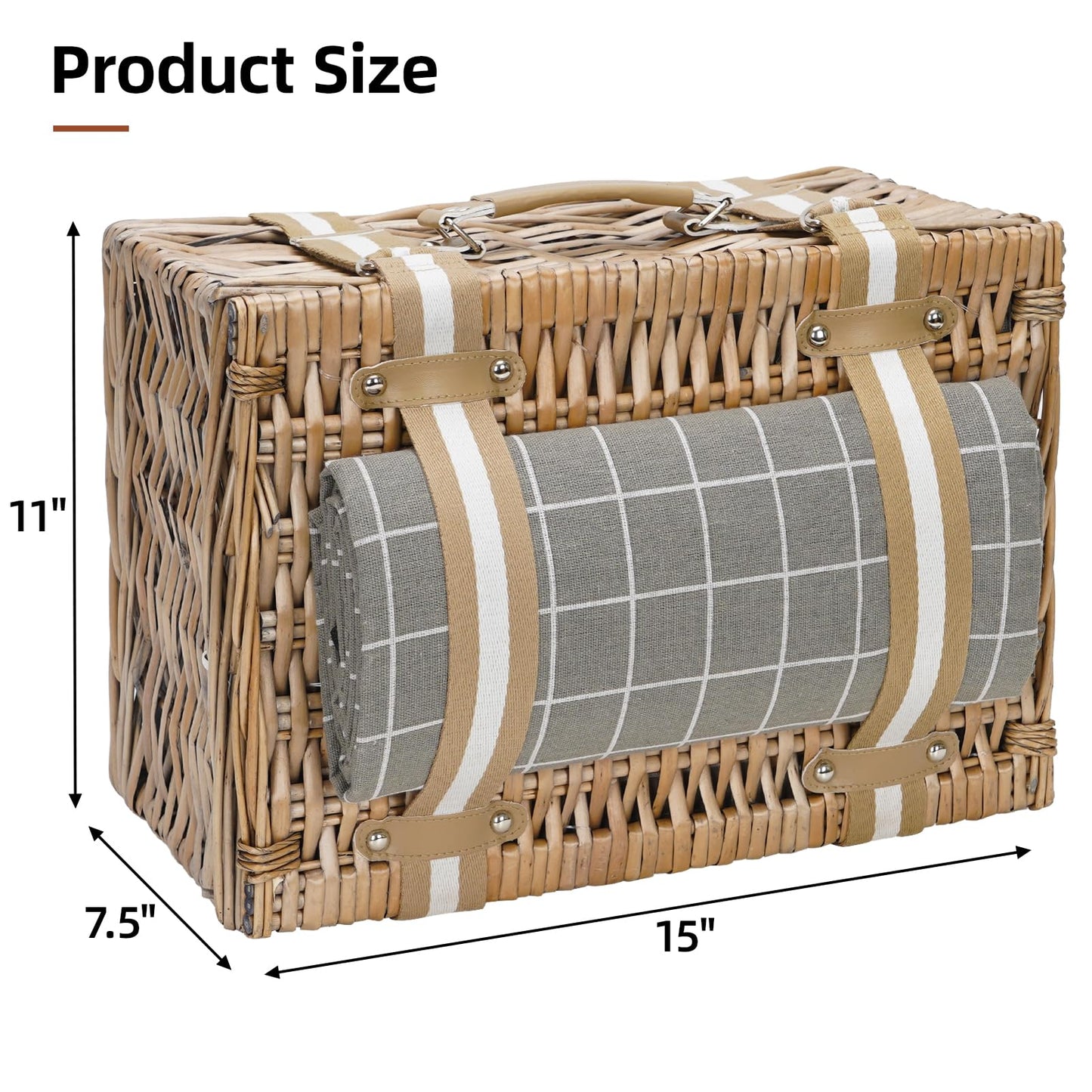 Willow picnic basket for 2 – Willow basket with waterproof picnic blanket | Willow picnic set with insulated cooler | Willow basket with cutlery set | Gift basket for Christmas, Thanksgiving, Gray