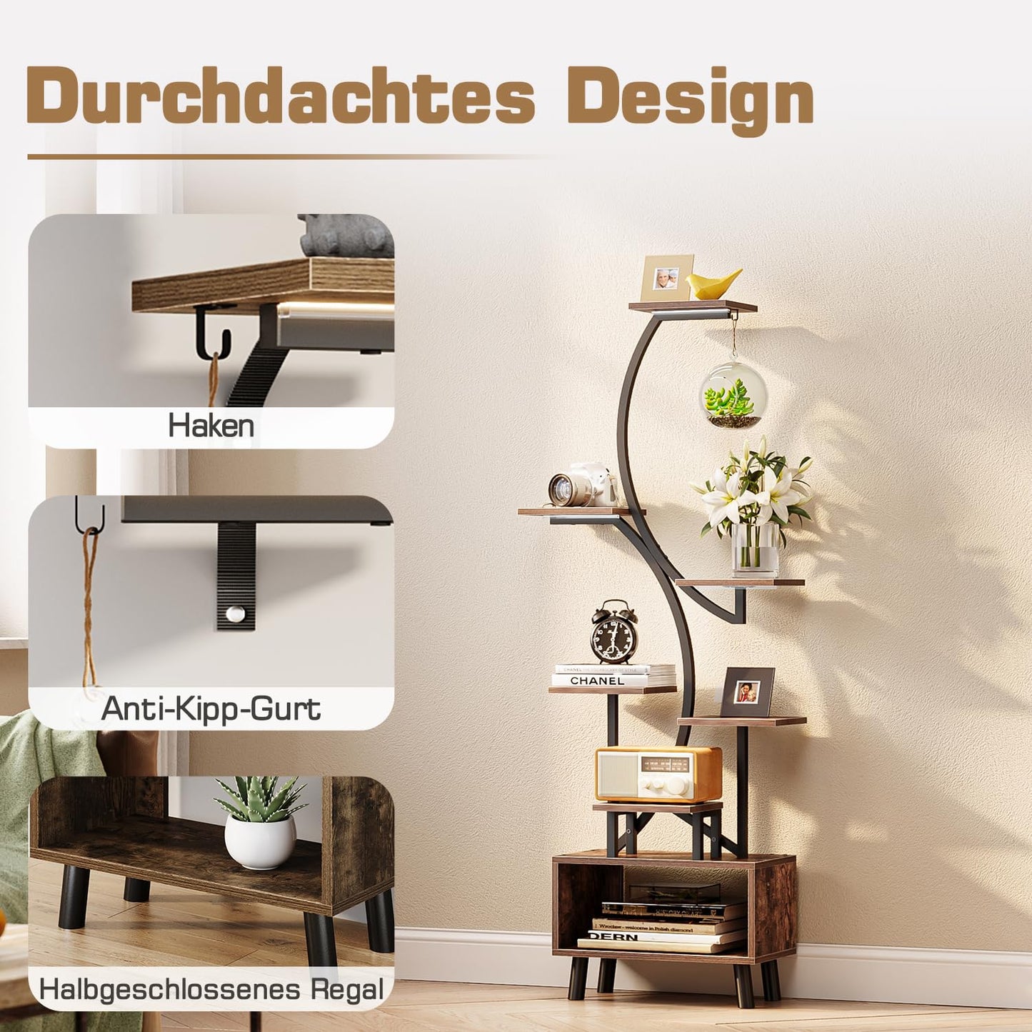 ShineMuse Plant Stand with Growth Light 160cm, Wood and Metal Flower Stand with LED Growth Light, 7-Tier Metal Plant Shelf with Legs for Outdoor and Indoor, Living Room, Balcony, Bedroom